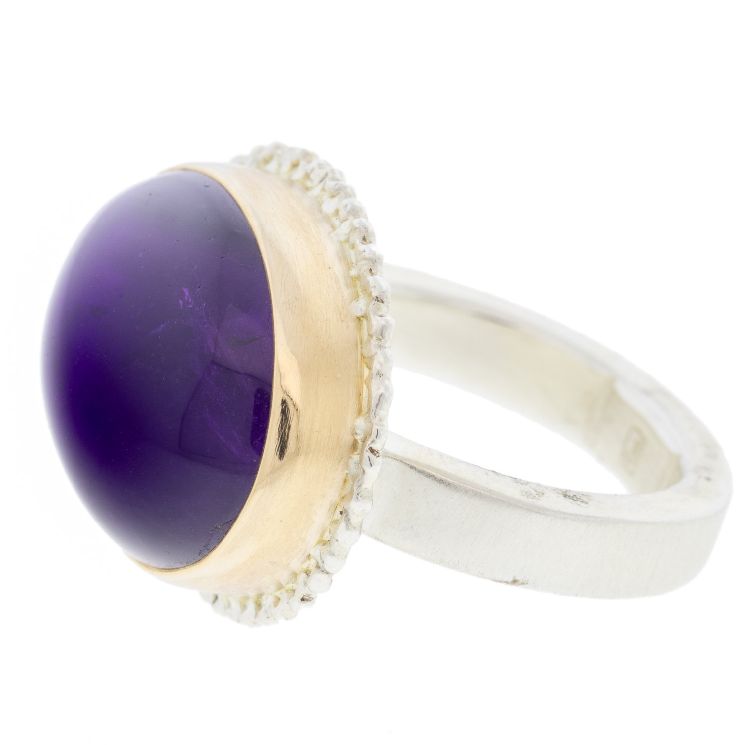 Jamie Joseph: SS & 14k Gold Ring w/ Oval Smooth Amethyst on Lava Platform and Skinny Smooth Band Size 7