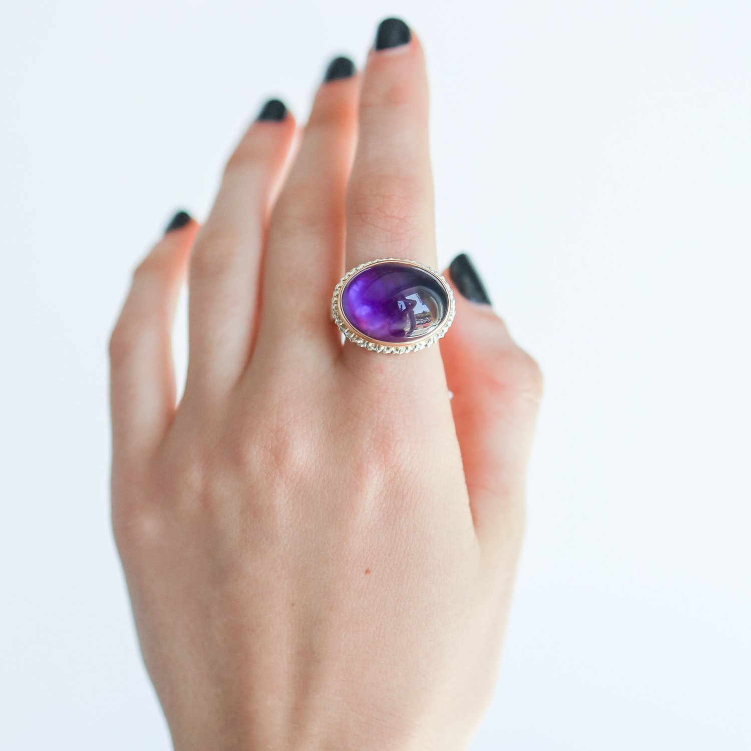 Jamie Joseph: SS & 14k Gold Ring w/ Oval Smooth Amethyst on Lava Platform and Skinny Smooth Band Size 7