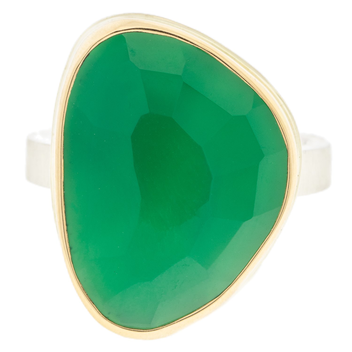 Jamie Joseph: SS & 14k Gold Ring w/ Vertical Asymmetrical Faceted Green Onyx on X Band Size 7.5