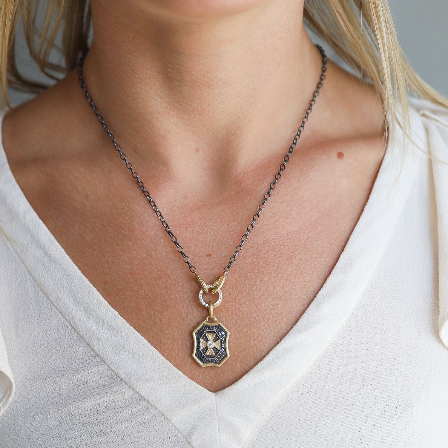 Erica Molinari Trunk Show: SS and 18K engraved 18K cross set with single champagne diamond "I love my life" .10 TCW