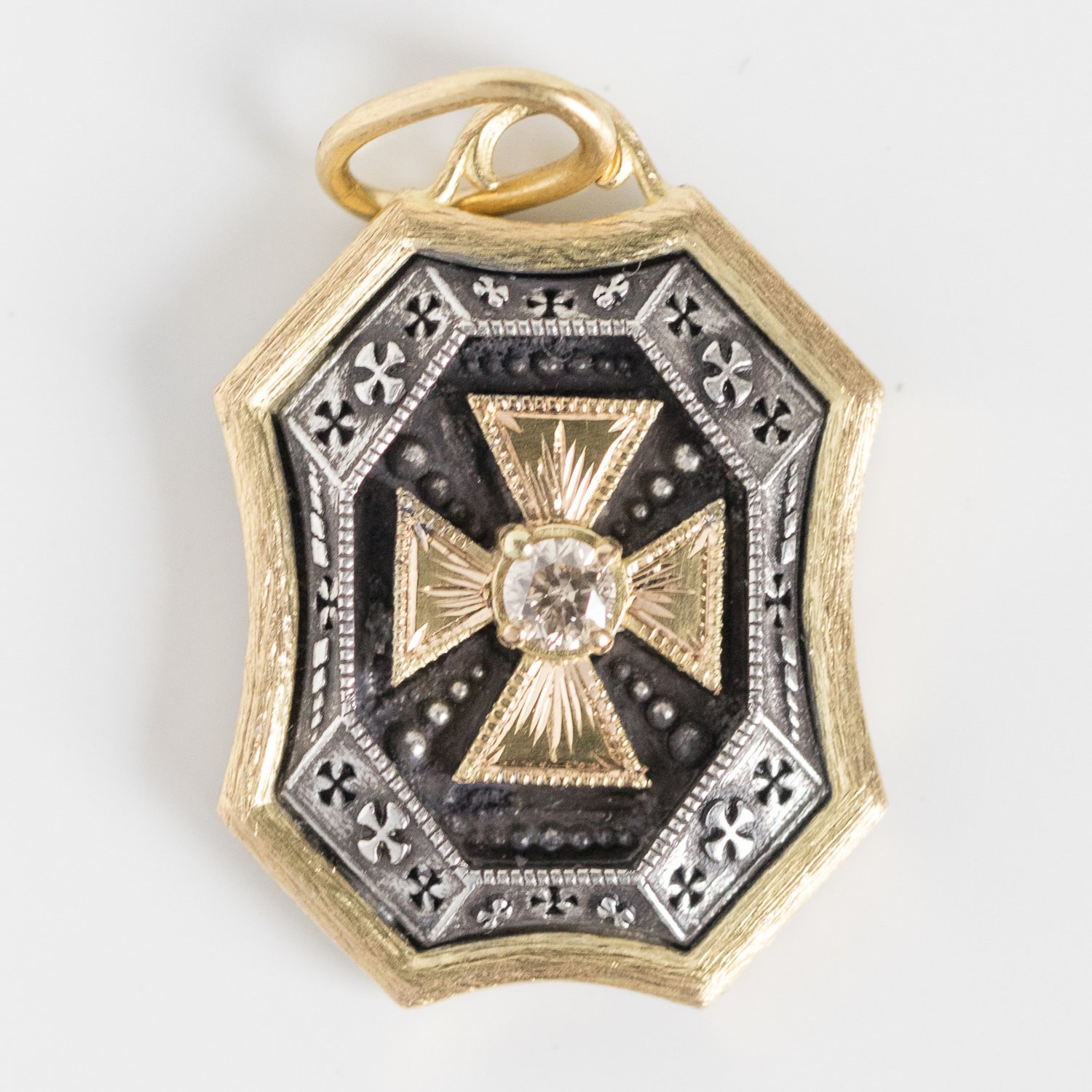 Erica Molinari Trunk Show: SS and 18K engraved 18K cross set with single champagne diamond "I love my life" .10 TCW