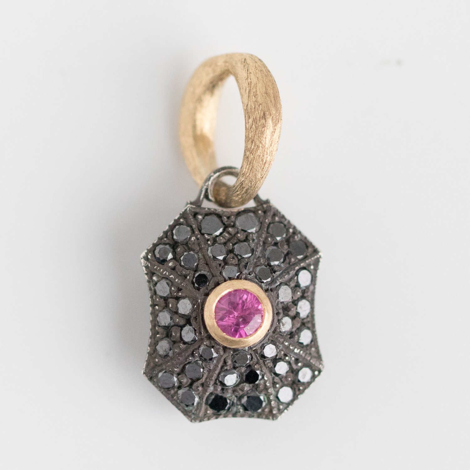 Erica Molinari Trunk Show: SS black diamond oxidized baby pillow 18K gold bail- multiple with pink sapphire .39 TCW