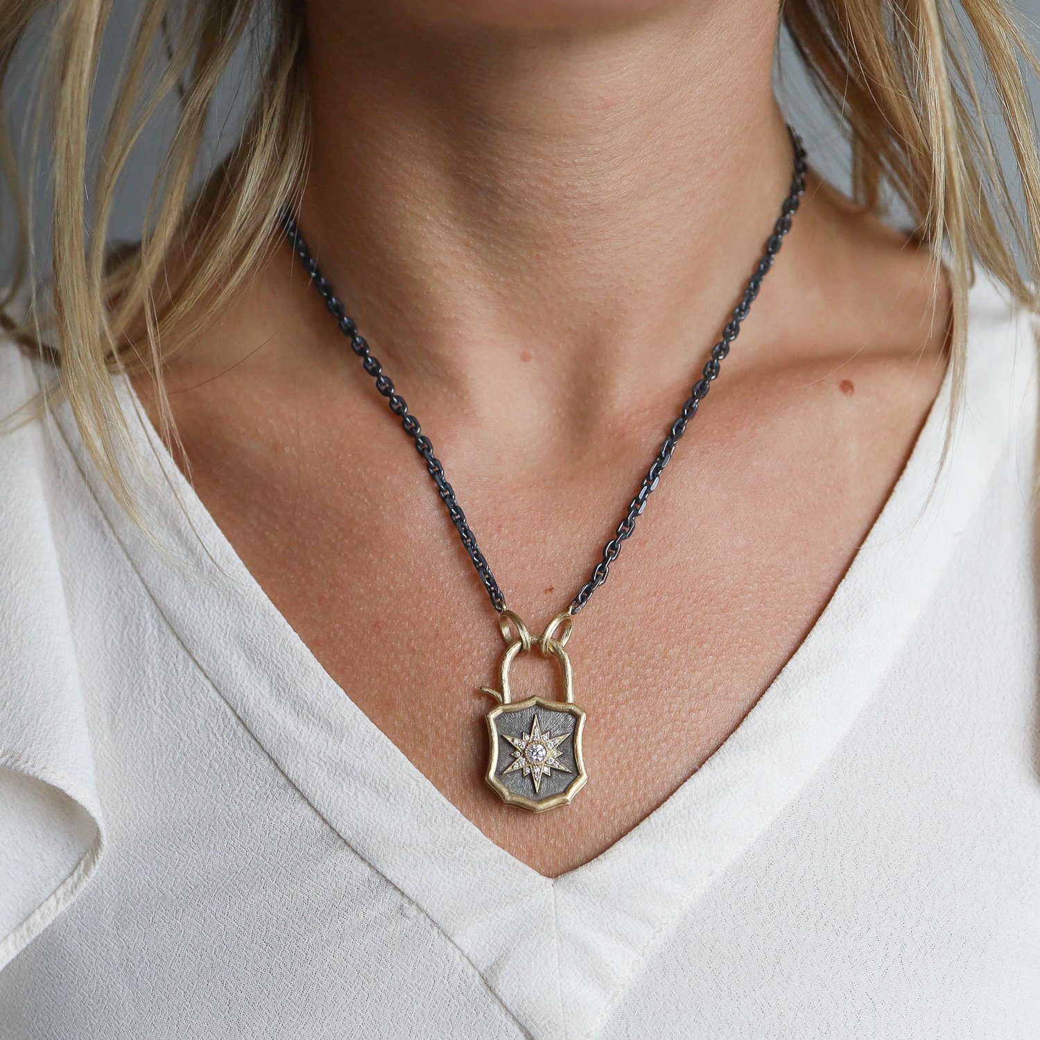 Erica Molinari Trunk Show: SS and 18K padlock charm with 18K diamond star "who being loved is poor"- Oscar Wilde .57 TCW