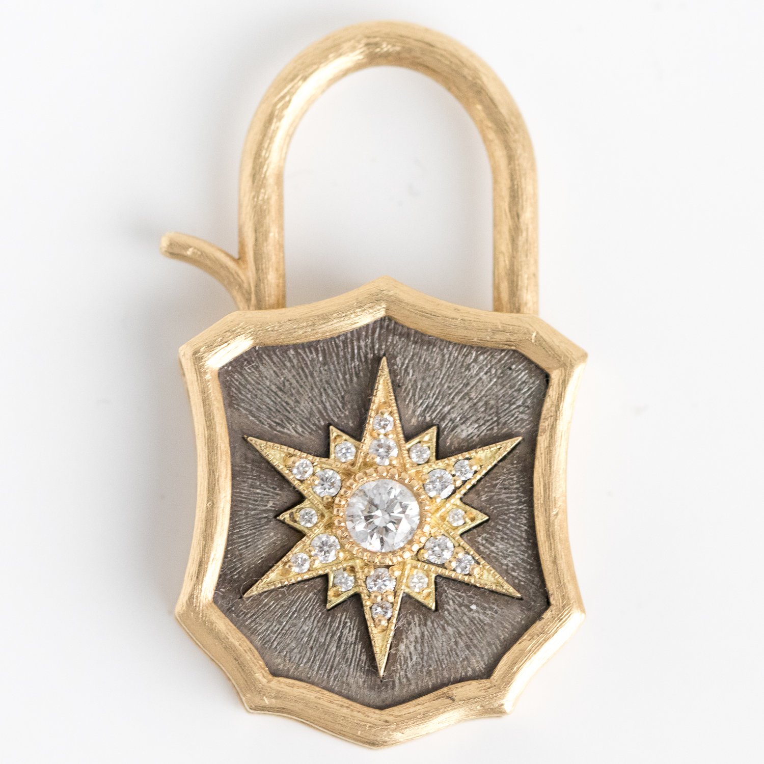 Erica Molinari Trunk Show: SS and 18K padlock charm with 18K diamond star "who being loved is poor"- Oscar Wilde .57 TCW