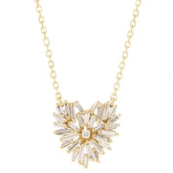 Suzanne Kalan: Necklace mini white diamond baguette firework heart YG 18k 0.38tcw 16"/18" Adjustable Chain