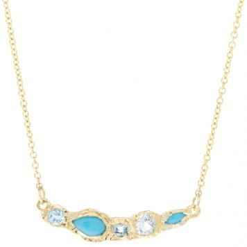 Misa Jewelry: Necklace, Journey Treasure Lagoon, Turquoise, Blue Topaz, 17” Chain, 14K Gold.