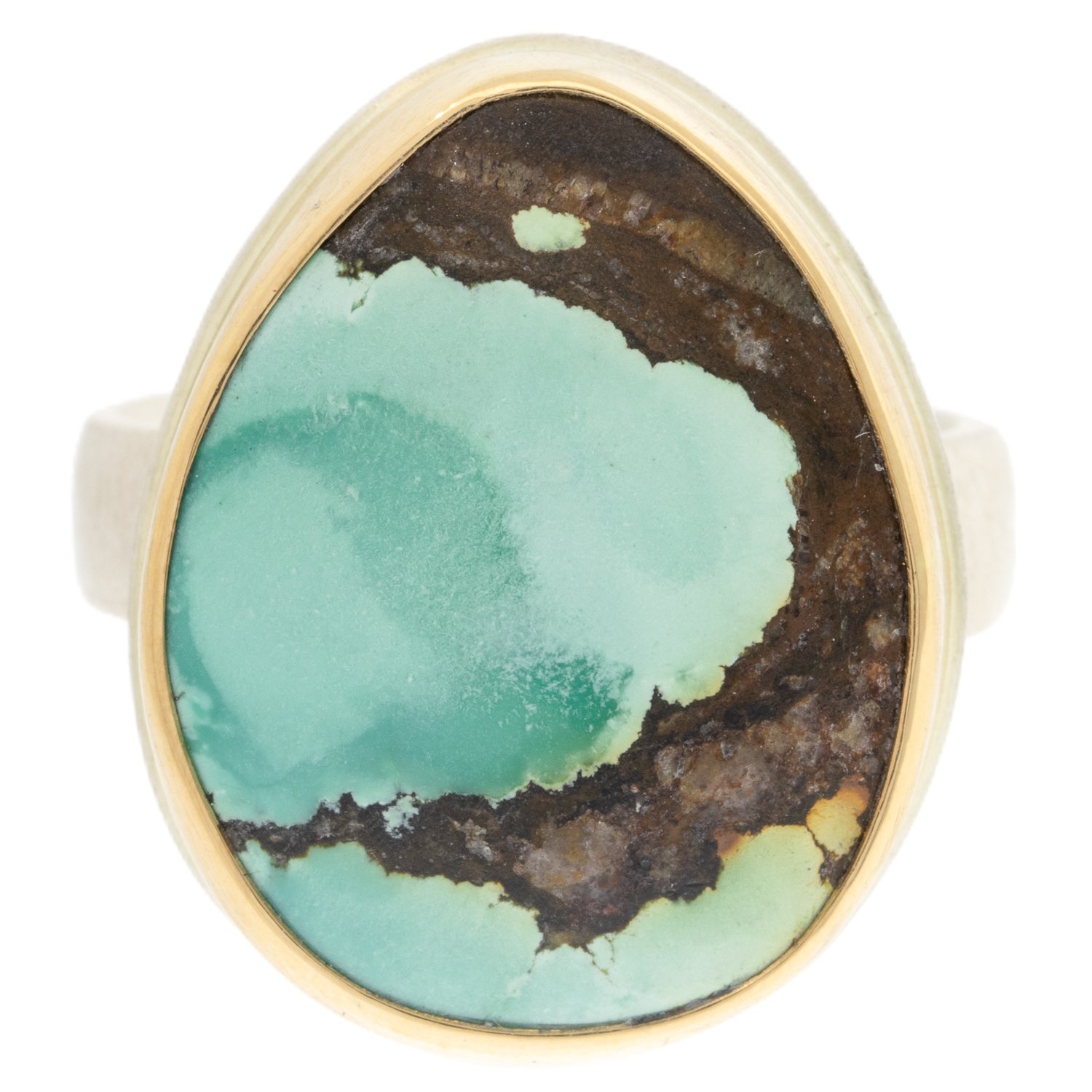 Jamie Joseph: Sterling & 14K gold ring w/ vertical pear HUBEI turquoise on comfort band size 7.75