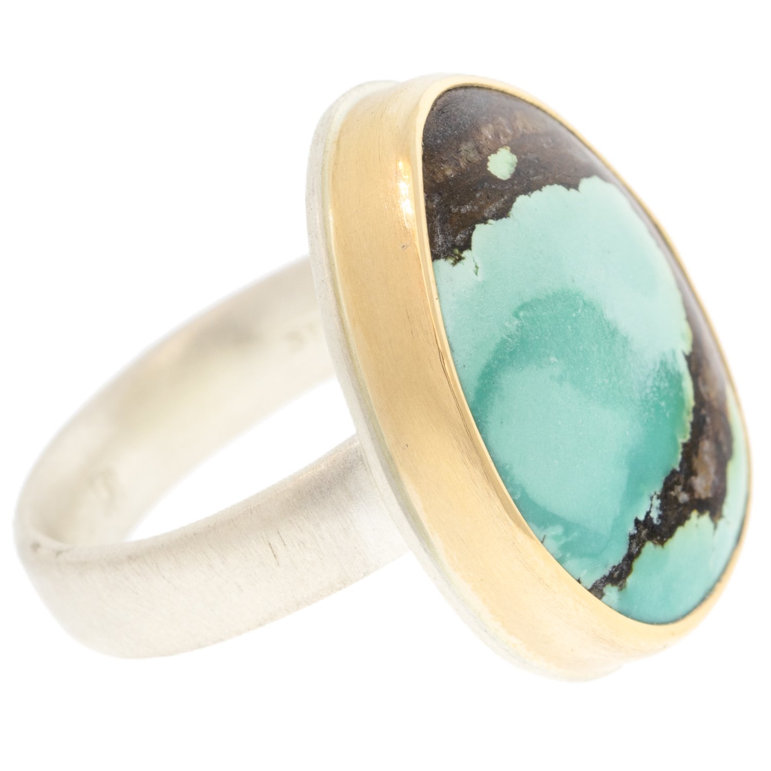 Jamie Joseph: Sterling & 14K gold ring w/ vertical pear HUBEI turquoise on comfort band size 7.75