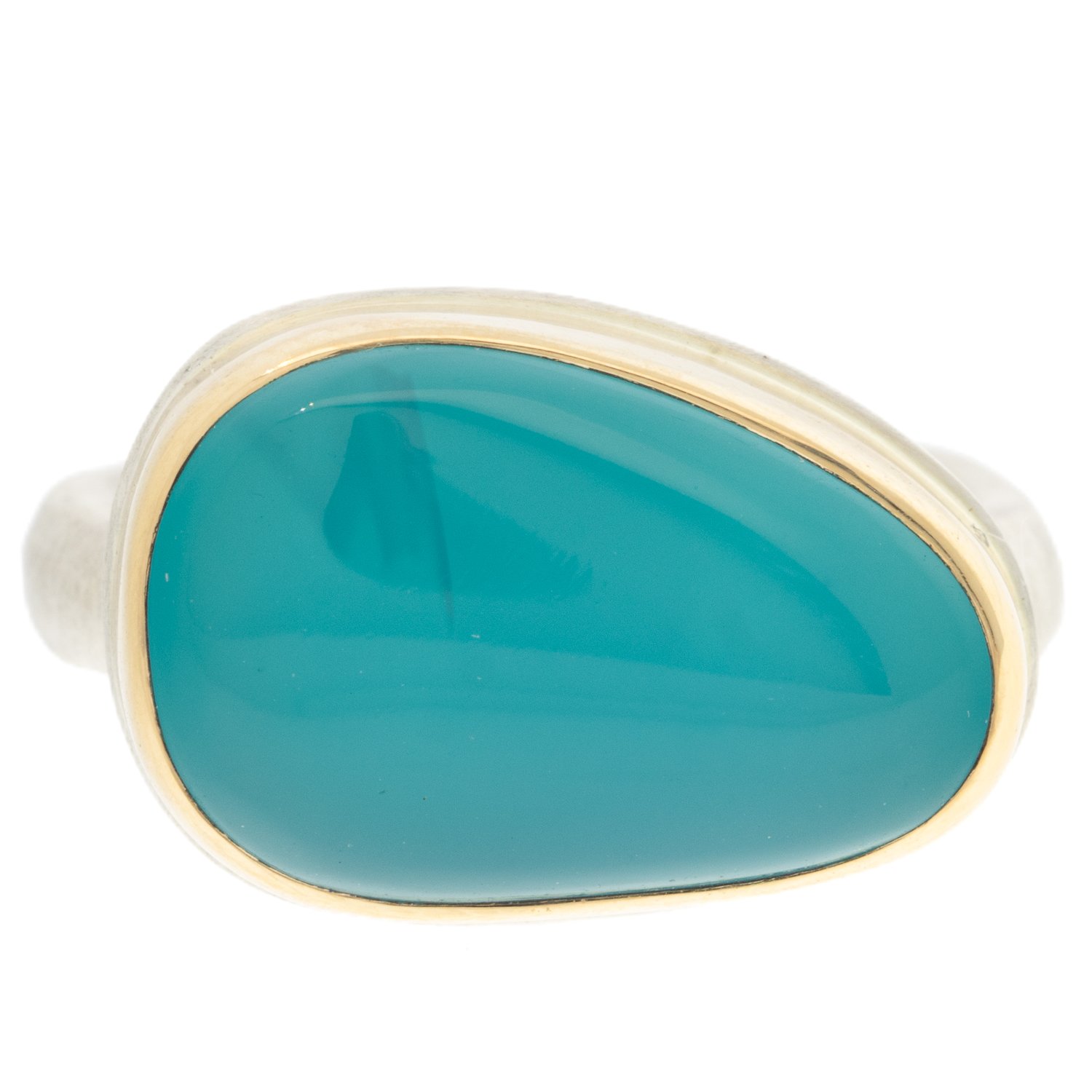 Jamie Joseph: Sterling & 14K gold ring w/ asymmetrical smooth Victoria stone on organic band size 7.25