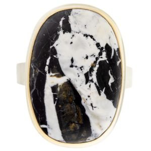 Jamie Joseph: Sterling & 14K gold ring w/ vertical oval white buffalo turquoise on tapered X band size 7.25