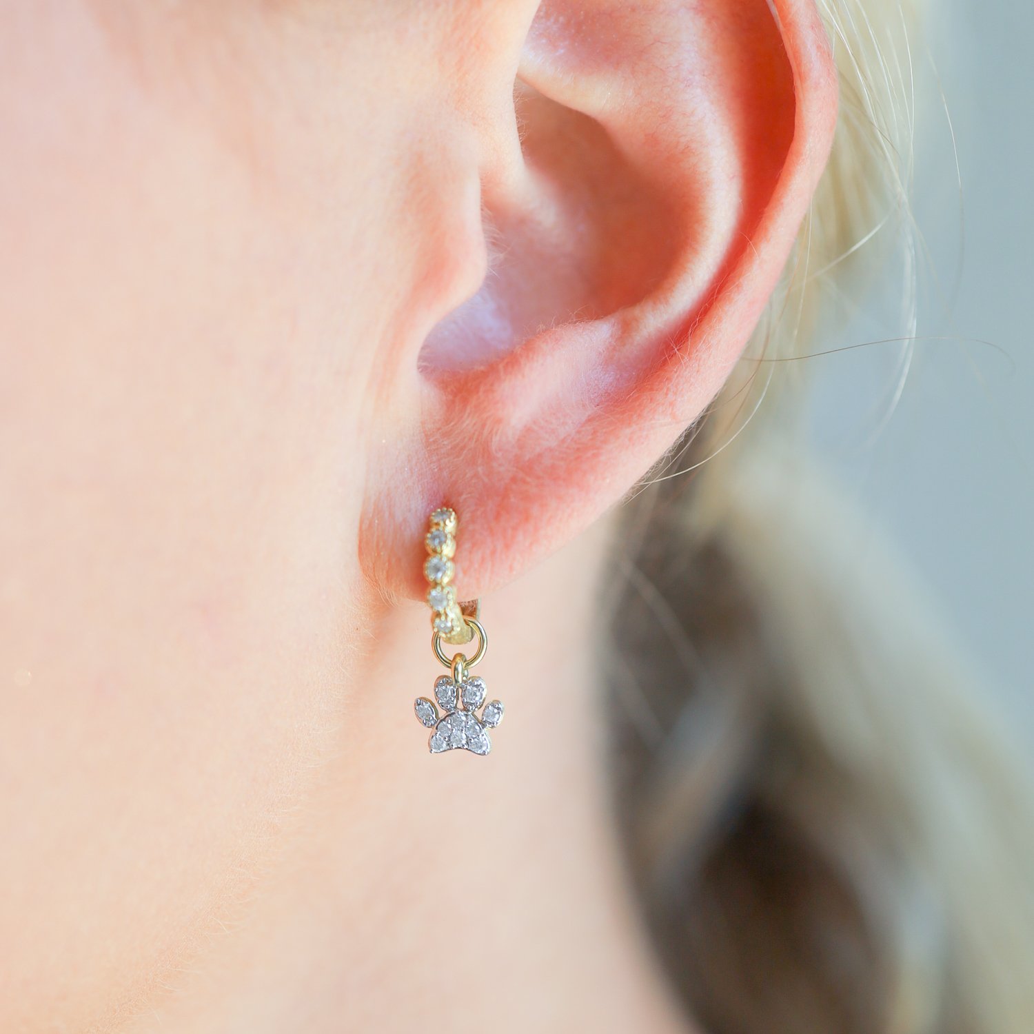 Jude Frances: Earring Charm, Petite, Paw, Pavé Diamonds .08TCW, 18K Yellow Gold, SINGLE.