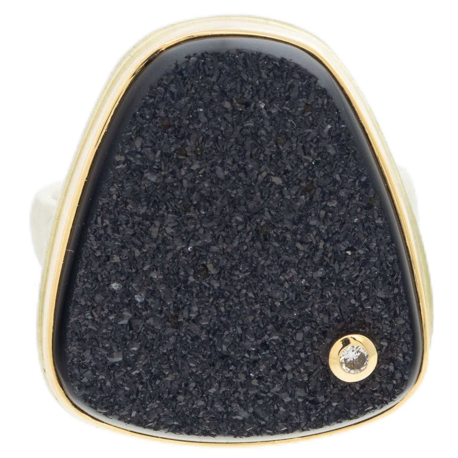 Jamie Joseph: Sterling silver and 14K gold ring with trapezoid brazilian black drusy and diamond on comfort band 0.03ct