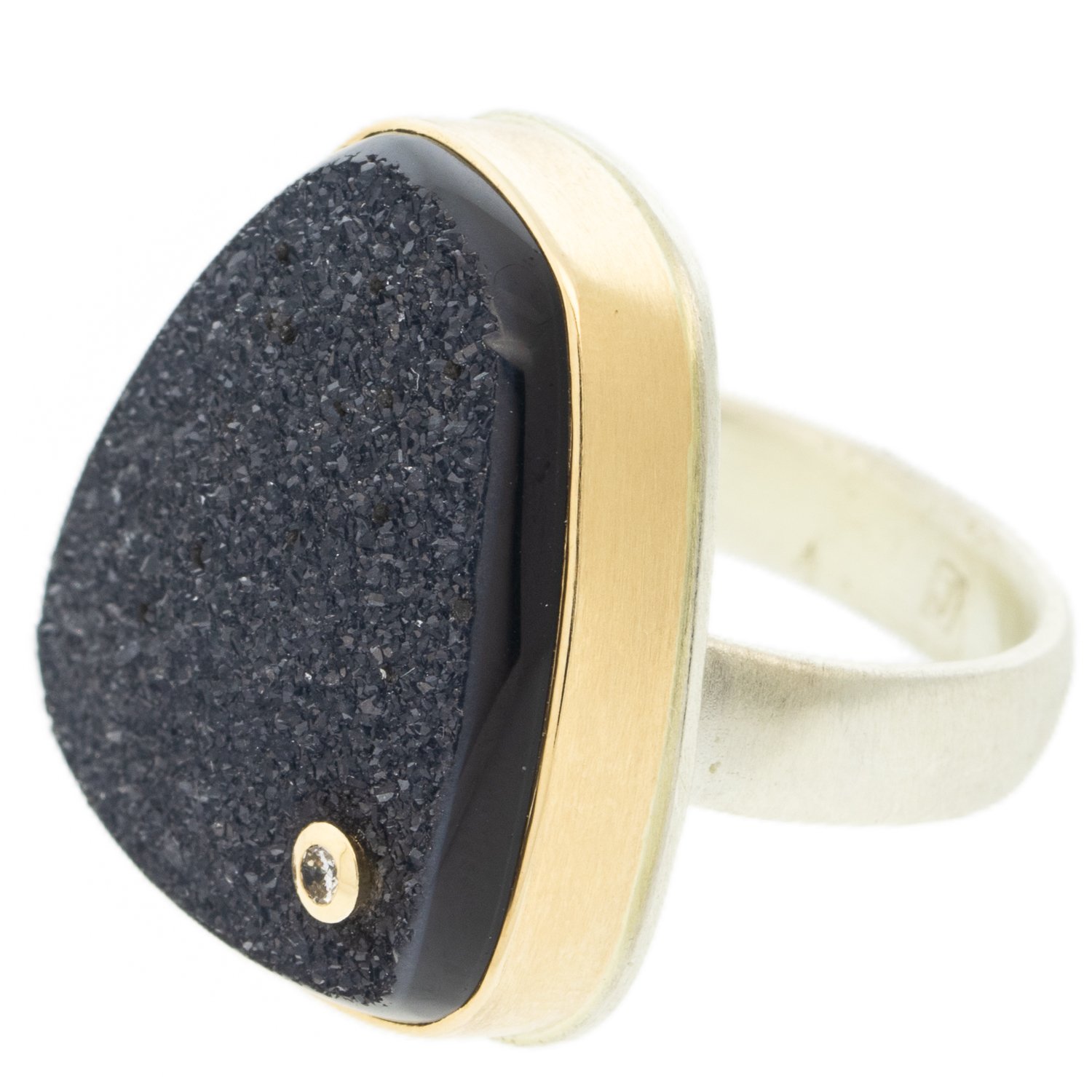 Jamie Joseph: Sterling silver and 14K gold ring with trapezoid brazilian black drusy and diamond on comfort band 0.03ct