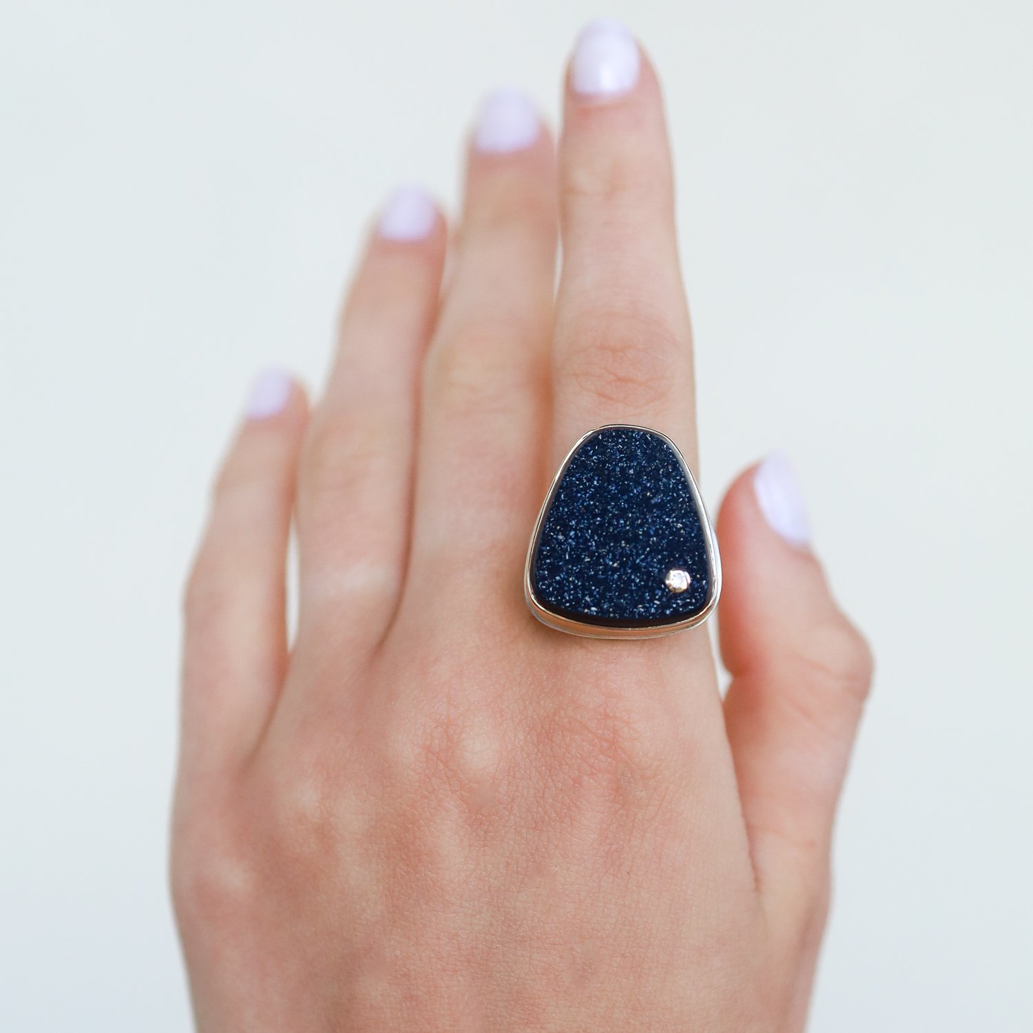 Jamie Joseph: Sterling silver and 14K gold ring with trapezoid brazilian black drusy and diamond on comfort band 0.03ct