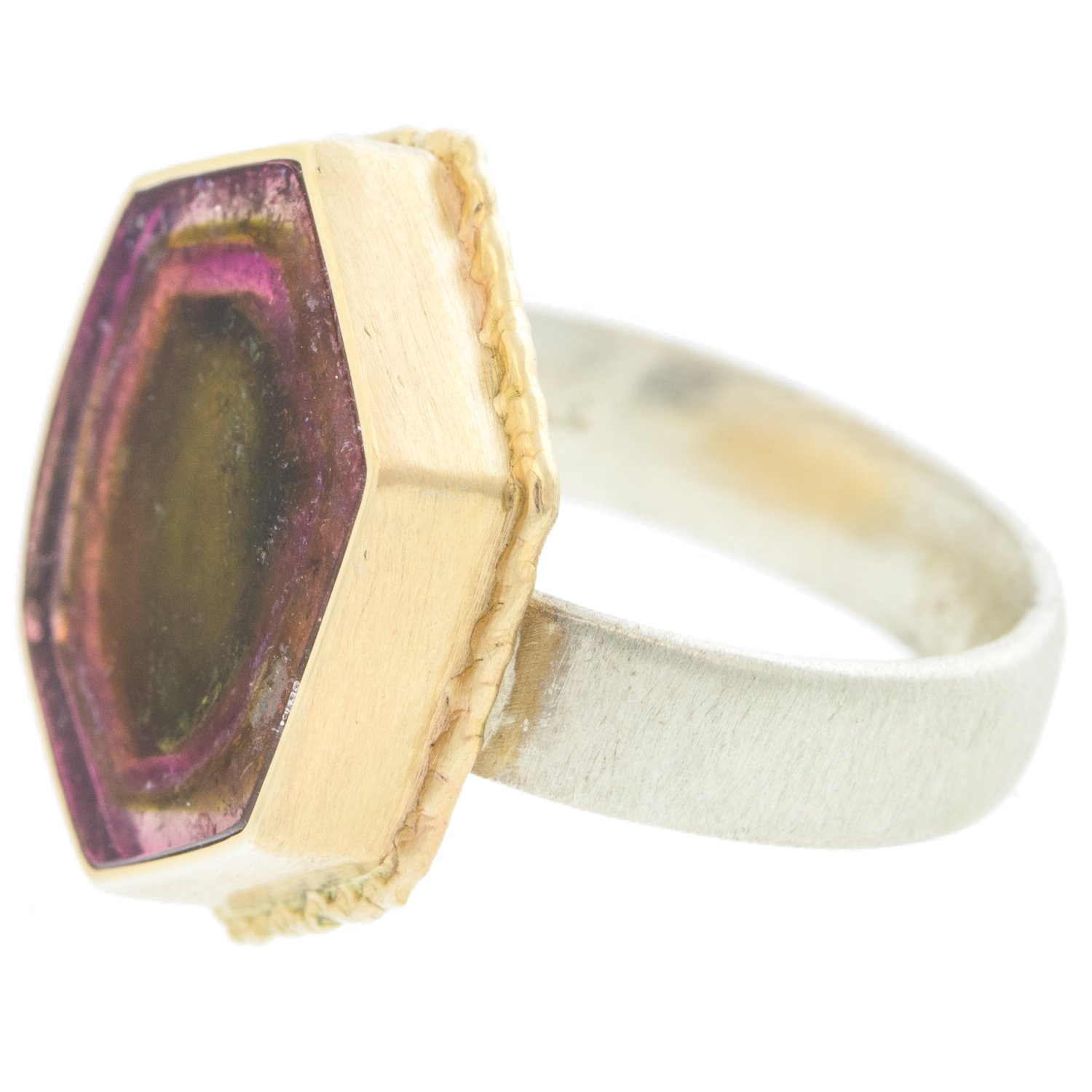 Jamie Joseph: Sterling silver and 14K gold ring with watermelon tourmaline slice on ruffled platform and comfort band