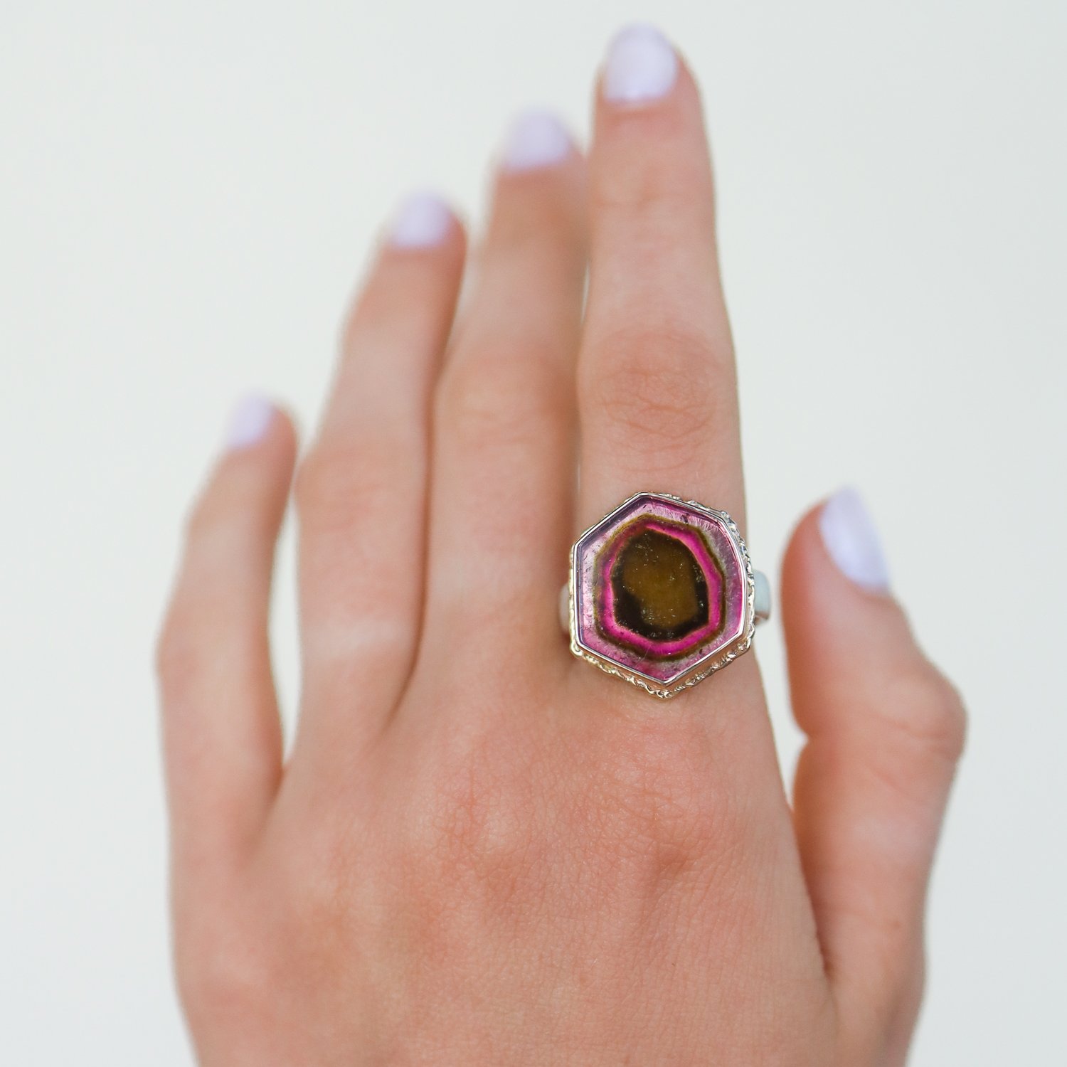 Jamie Joseph: Sterling silver and 14K gold ring with watermelon tourmaline slice on ruffled platform and comfort band