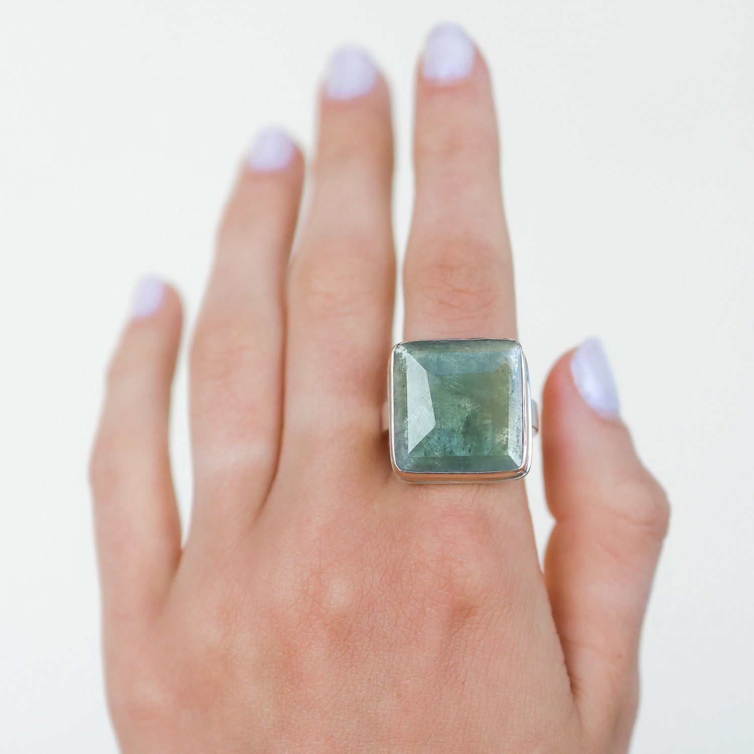 Jamie Joseph: Sterling silver and 14K gold ring with square inverted green sapphire on Y band