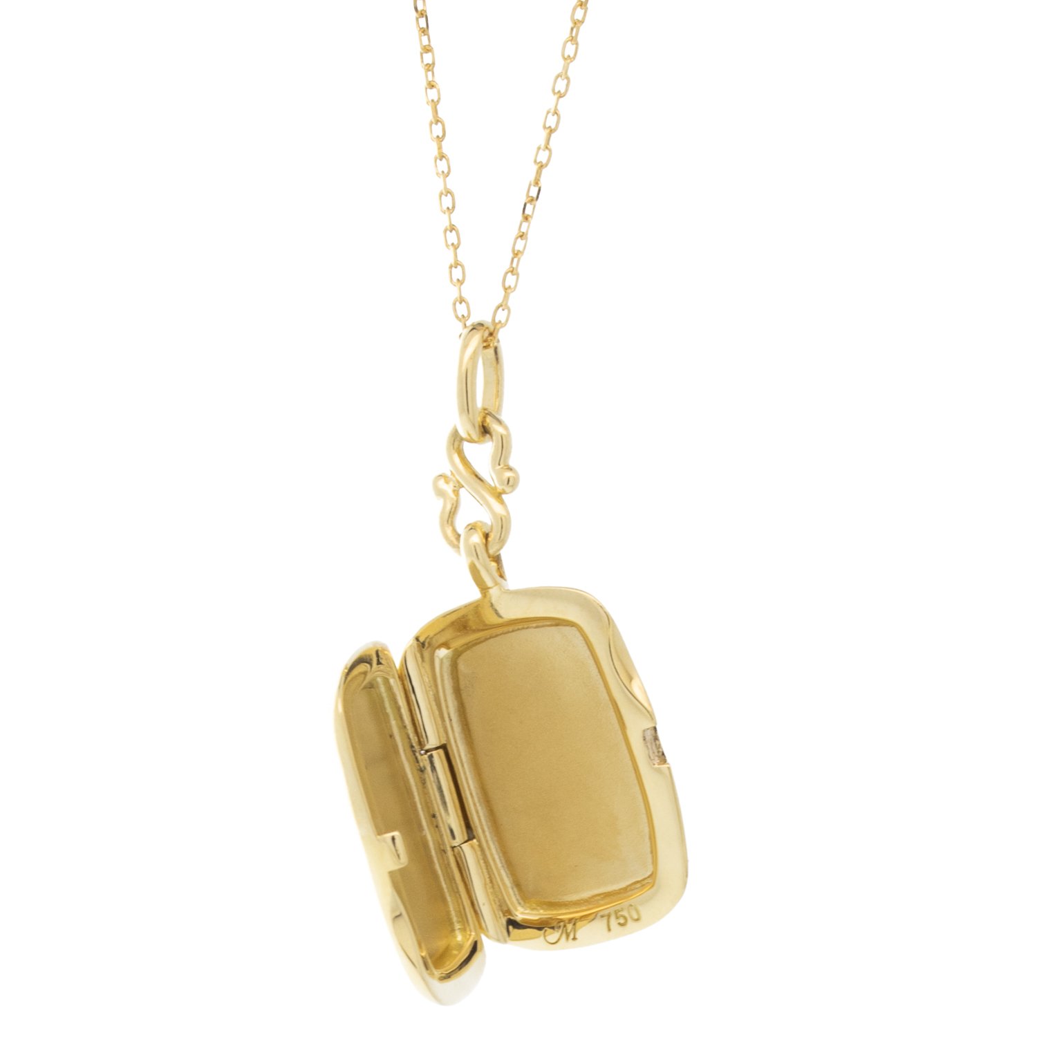 Monica Rich Kosann: 18K yellow gold slim "Britt" rectangle locket on 17" delicate diamond cut chain with loop at 16"