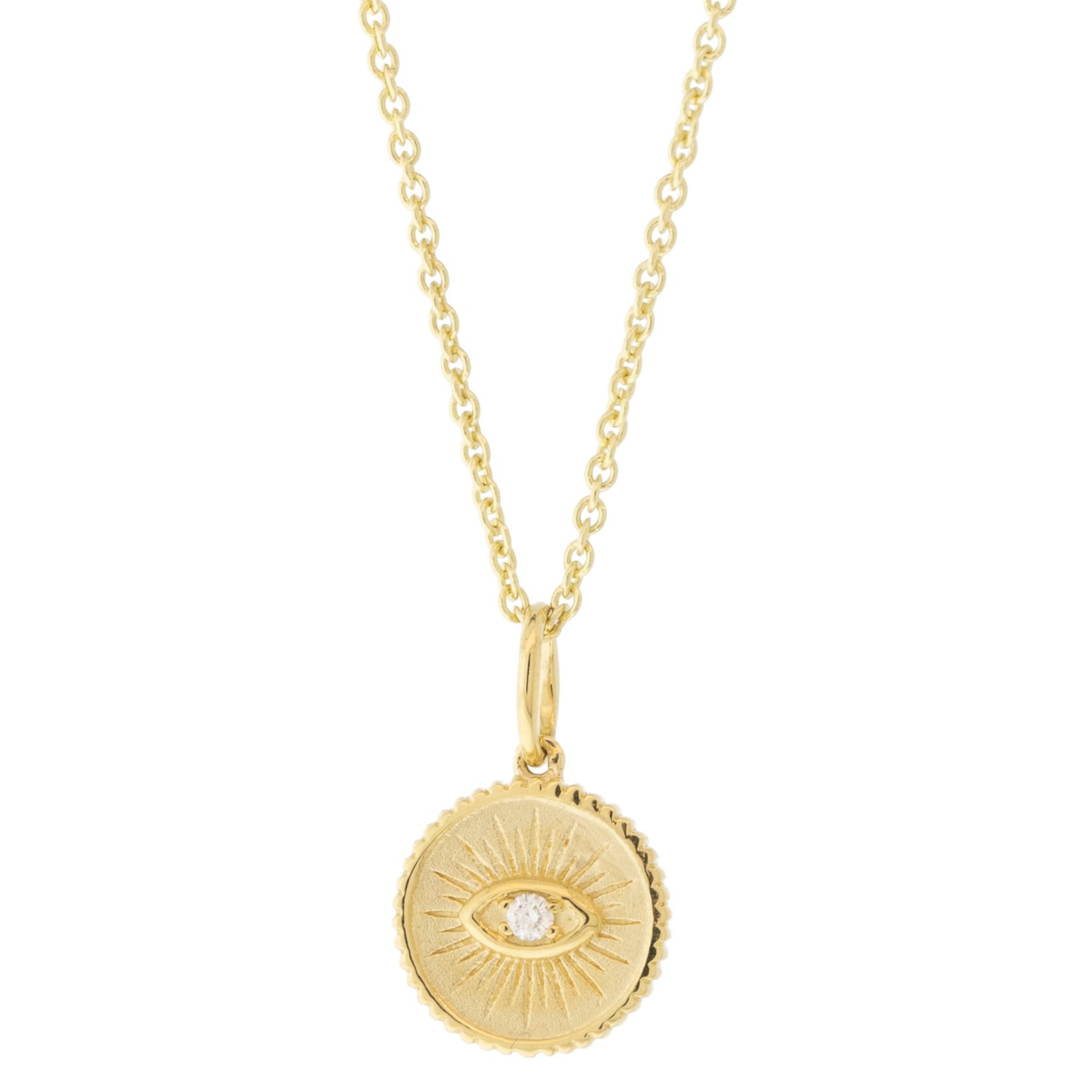 Sydney Evan: 14K yellow gold small marquis eye coin necklace with .013ct white diamond