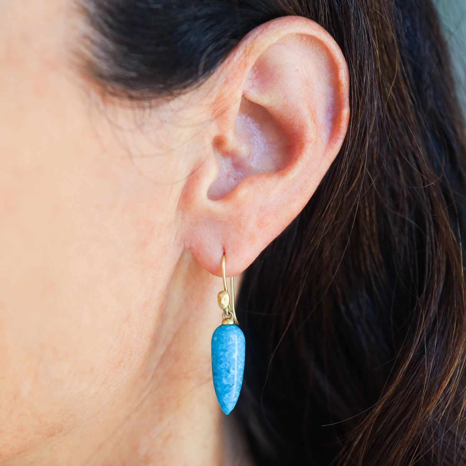 Hannah Blount: Marbled turquoise figurehead cameo earrings-18k gold-kingman turquoise