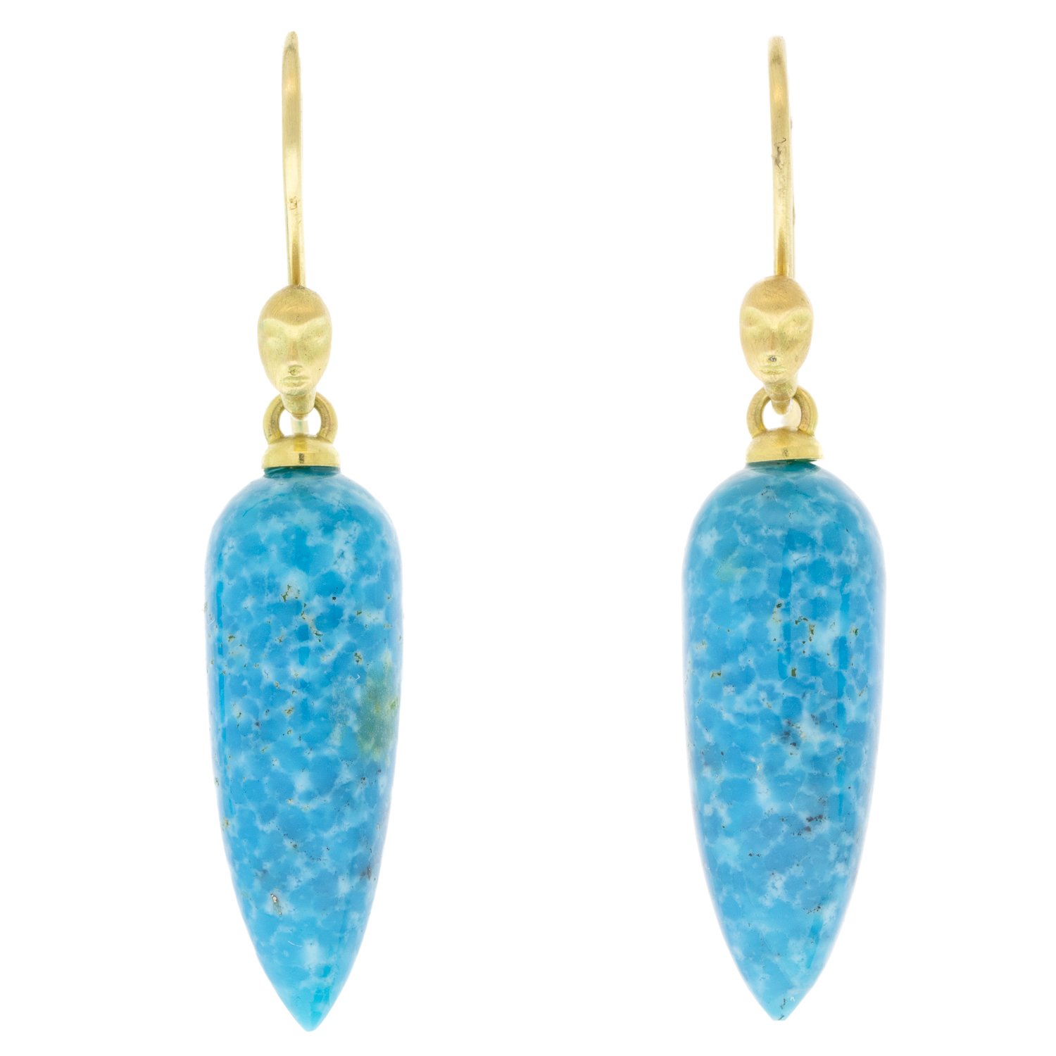 Hannah Blount: Marbled turquoise figurehead cameo earrings-18k gold-kingman turquoise