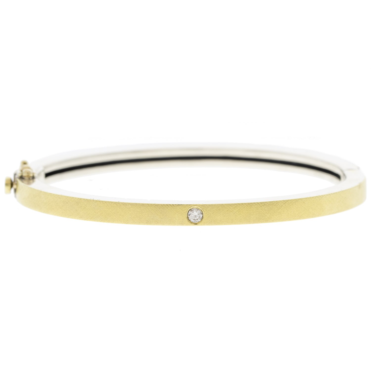 Rene Escobar: Sterling silver base and 18K gold top and bottom thin bangle with single flush set diamond