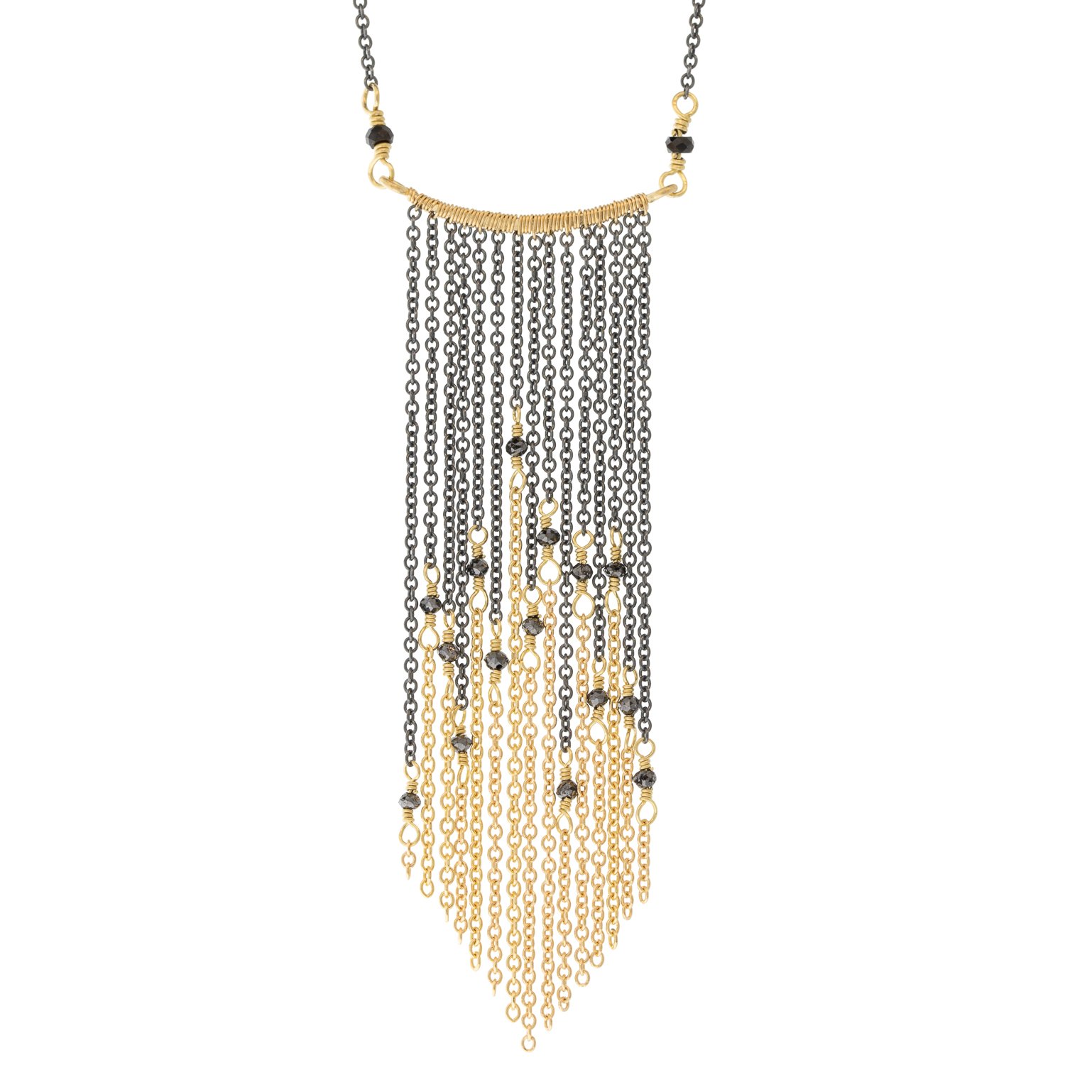 Dana Kellin: Necklace with oxidized silver chain and oxidized silver, 14k gold, and black diamond fringe