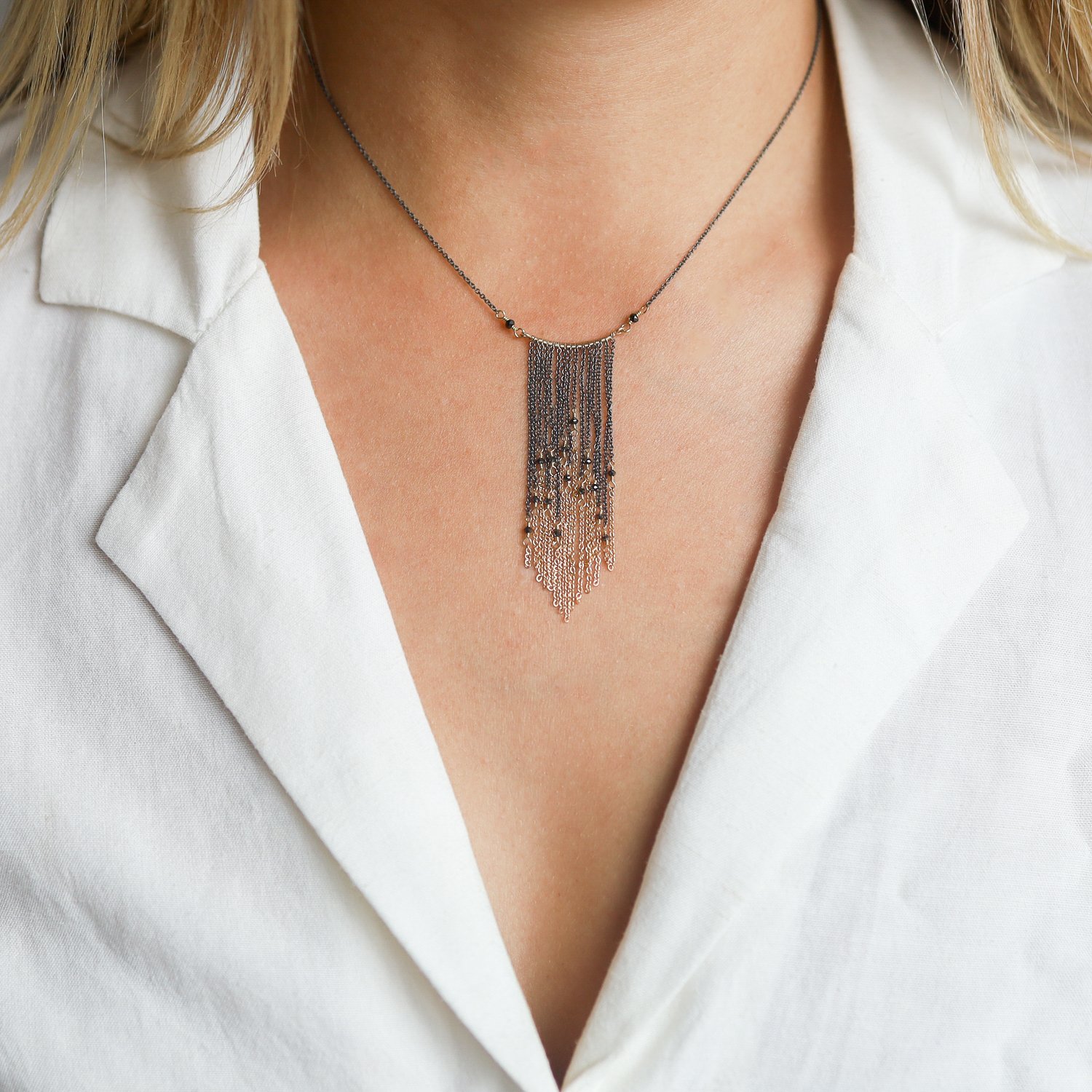 Dana Kellin: Necklace with oxidized silver chain and oxidized silver, 14k gold, and black diamond fringe
