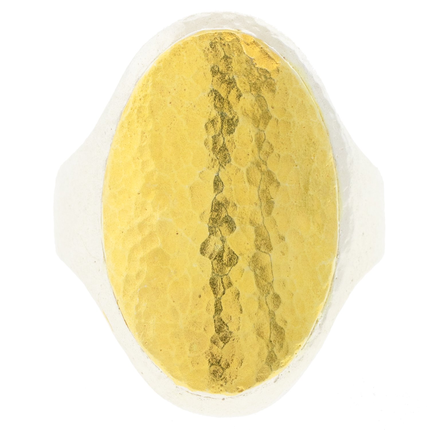 Gurhan: Sterling silver ring with 24K gold plated 23x5mm oval mango flake in center on graduated shank