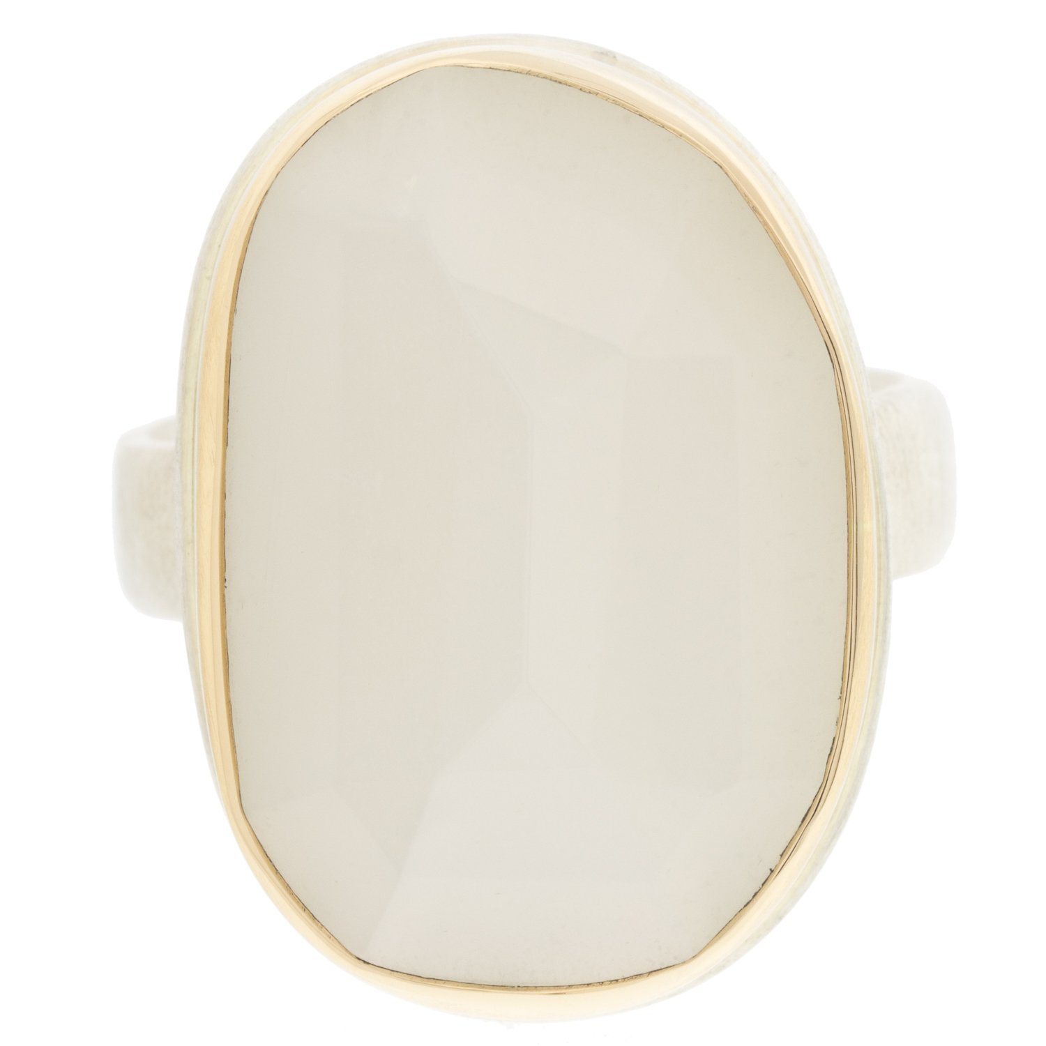 Jamie Joseph: SS & 14k gold ring with vertical asymmetrical faceted white moonstone on comfort band