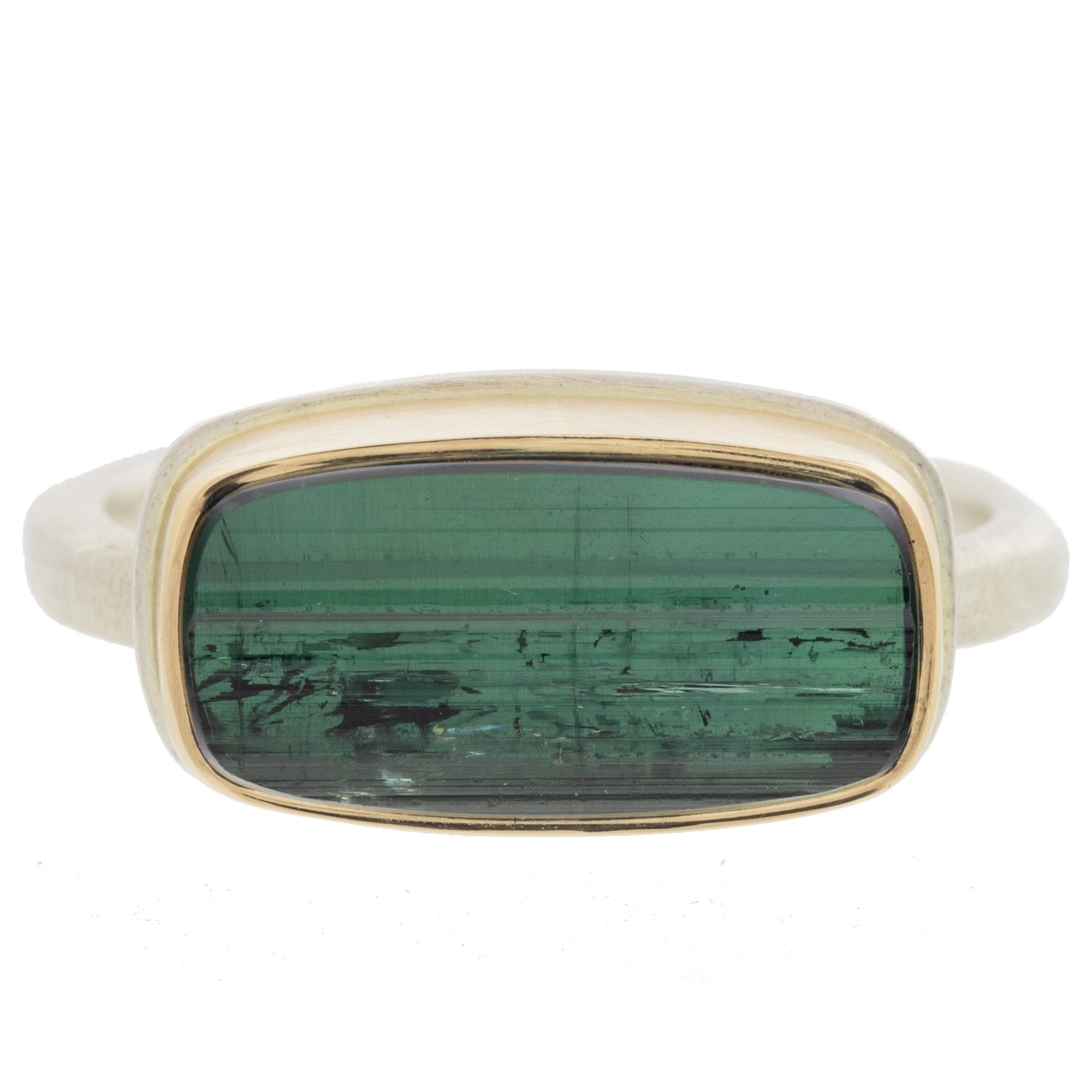 Jamie Joseph: SS & 14k gold ring with small rectangular surface cut green tourmaline on dent band