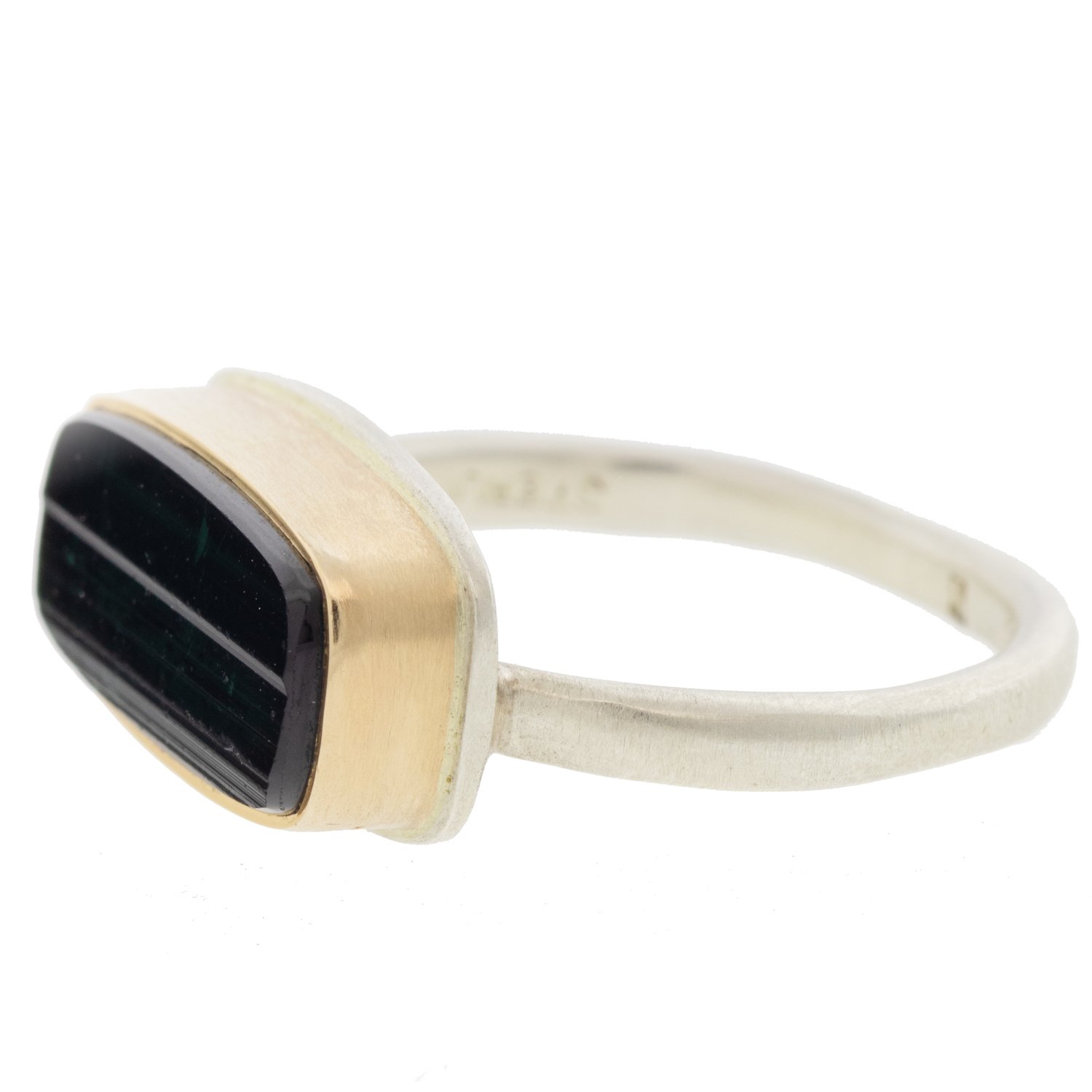 Jamie Joseph: SS & 14k gold ring with small rectangular surface cut green tourmaline on dent band