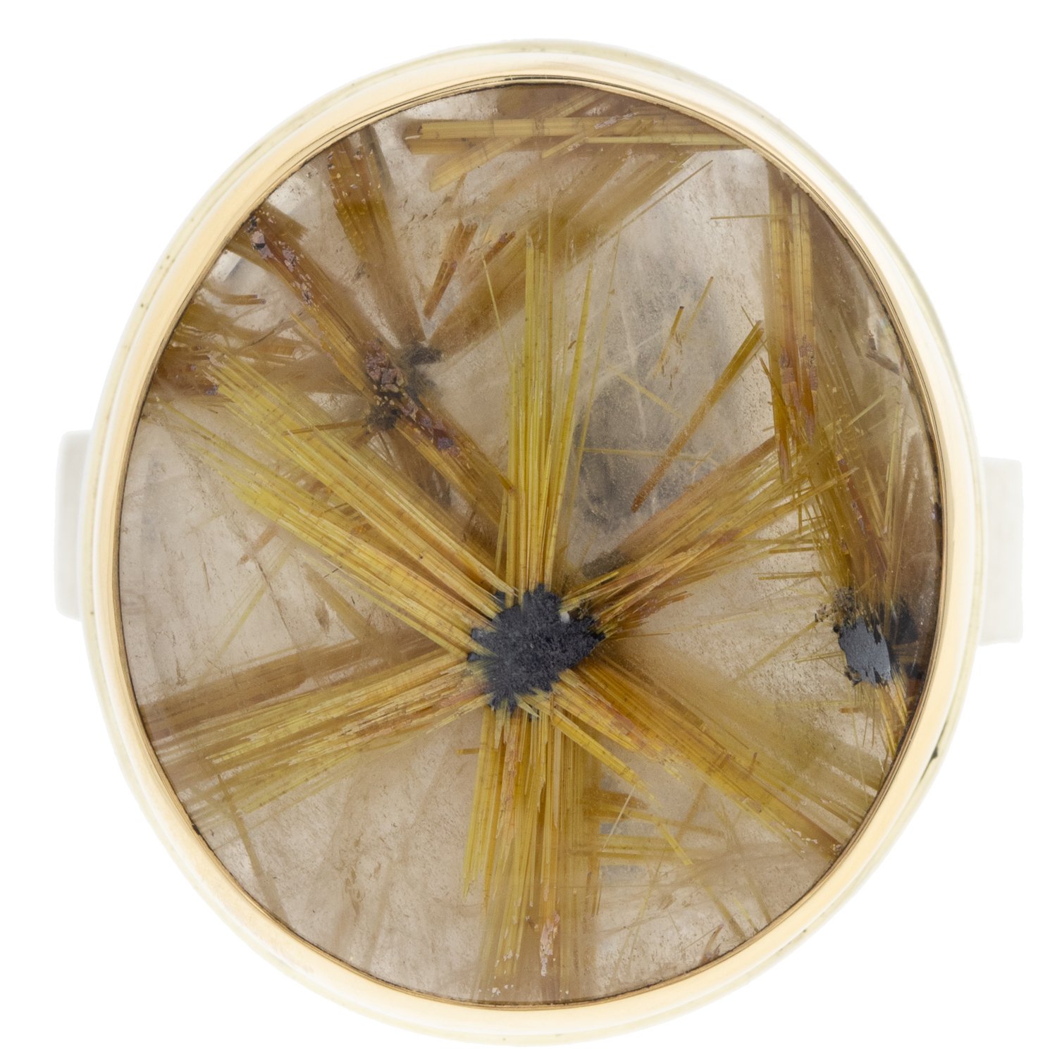 Jamie Joseph: SS & 14k gold ring with vertical oval smooth star golden rutilated quartz on live edge band