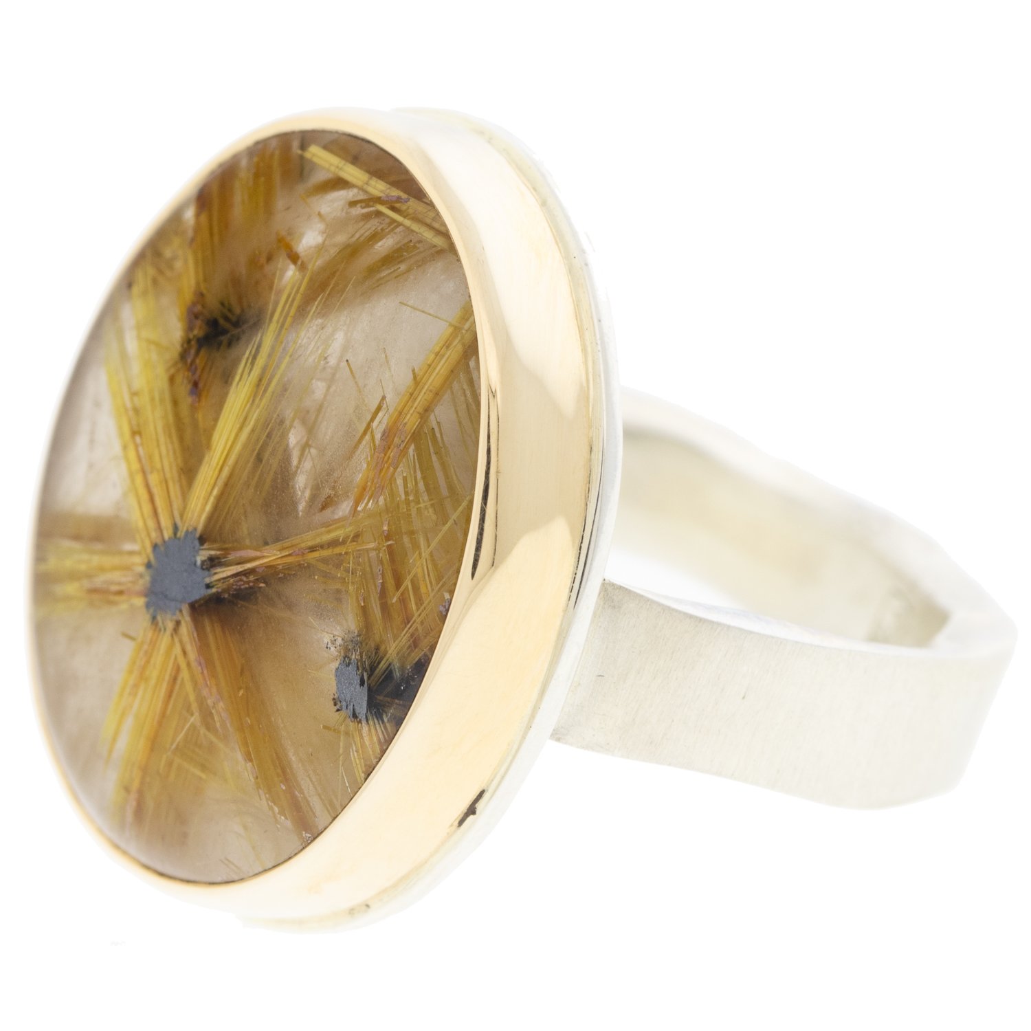 Jamie Joseph: SS & 14k gold ring with vertical oval smooth star golden rutilated quartz on live edge band