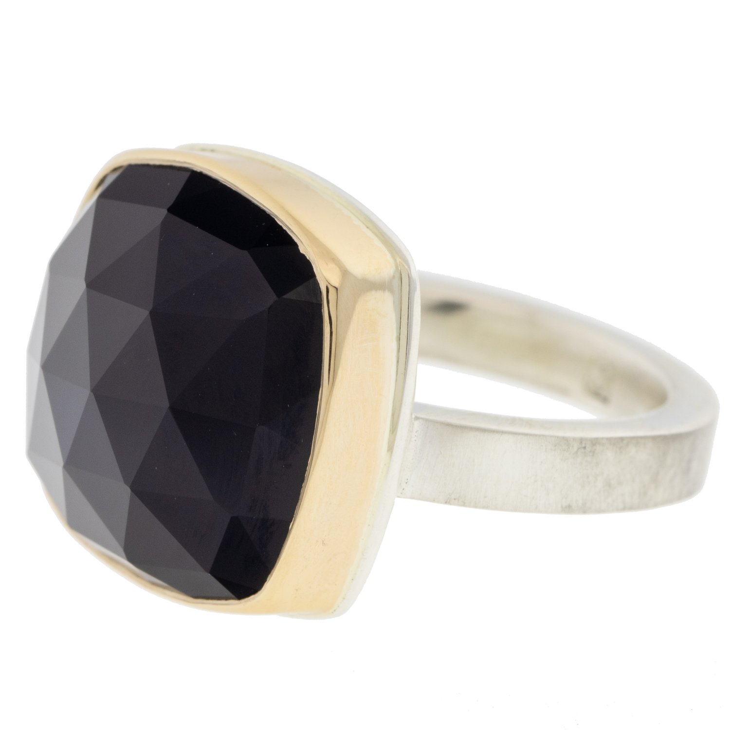 Jamie Joseph: SS & 14K Gold ring w/ square rose cut black onyx on X band size 7.5