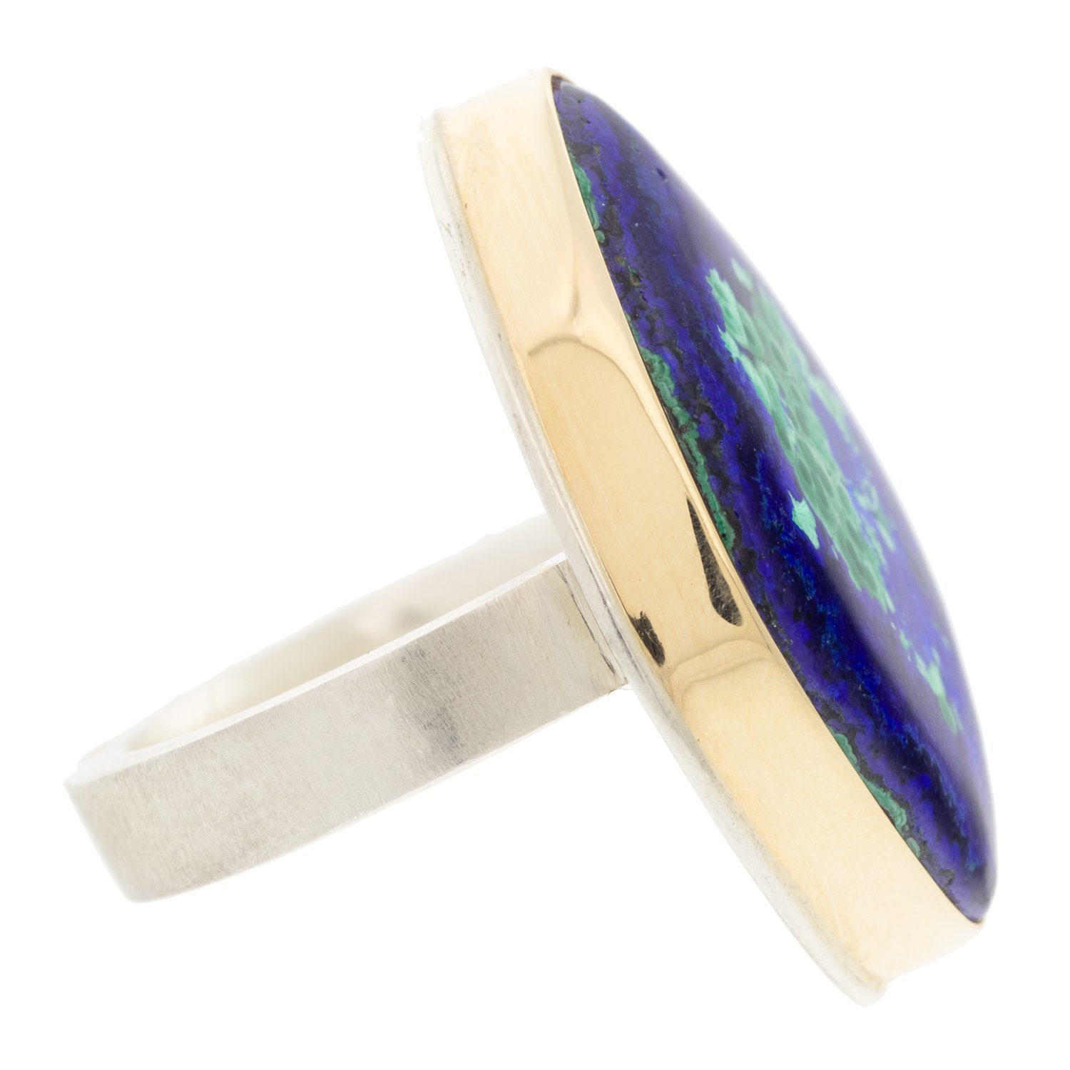 Jamie Joseph: SS & 14k gold ring with vertical asymmetrical smooth azurite-chrysocolla-malachite on Y band