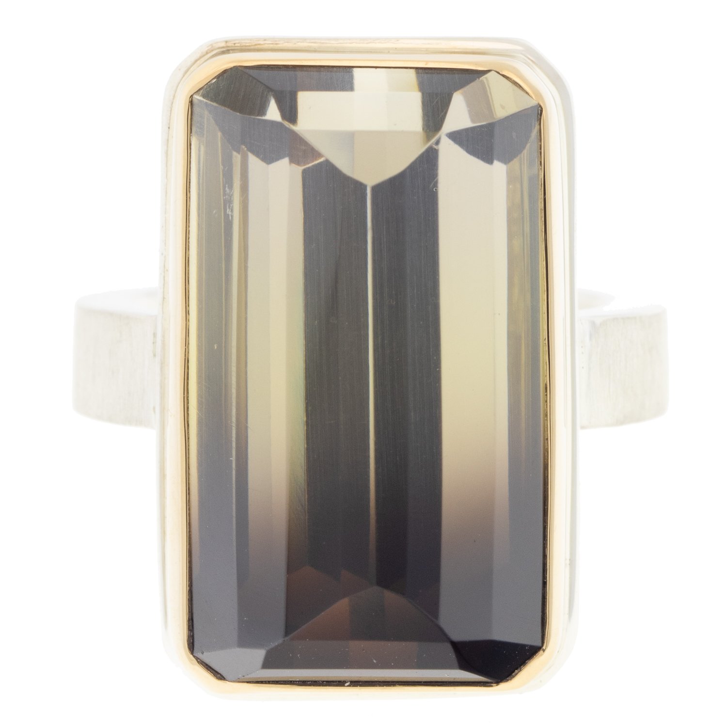 Jamie Joseph: SS & 14K Gold ring w/ vertical rectangular inverted bi-colored quartz on comfort Y band, size 7.25
