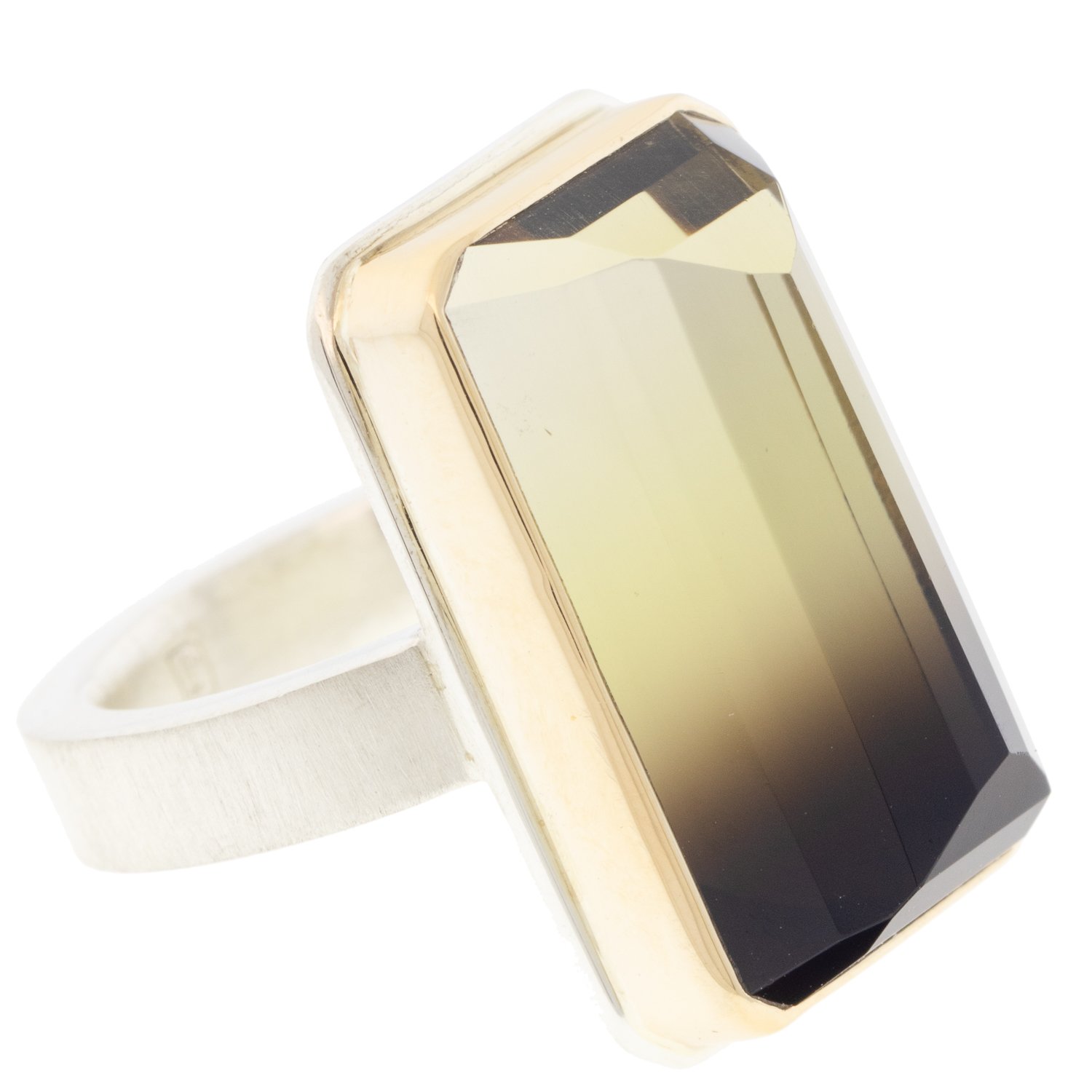 Jamie Joseph: SS & 14K Gold ring w/ vertical rectangular inverted bi-colored quartz on comfort Y band, size 7.25