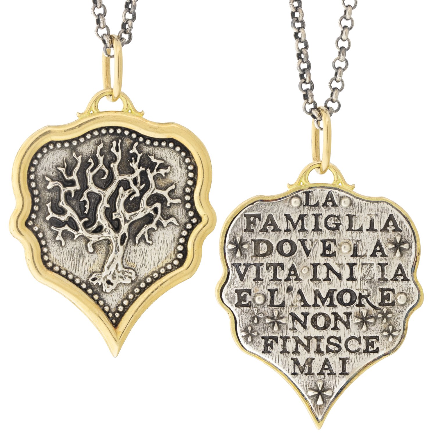 Erica Molinari: SS and 18K pointy teardrop tree of life "family, where life begins and love never ends"