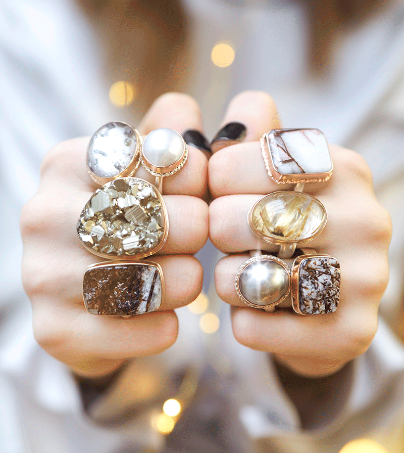 Semi-precious stone gold and silver rings by jewelry designer Jamie Joseph