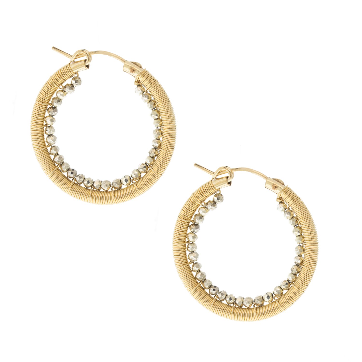 Dana Kellin: Silver pyrite and goldfill hoops with inner crystals 1"