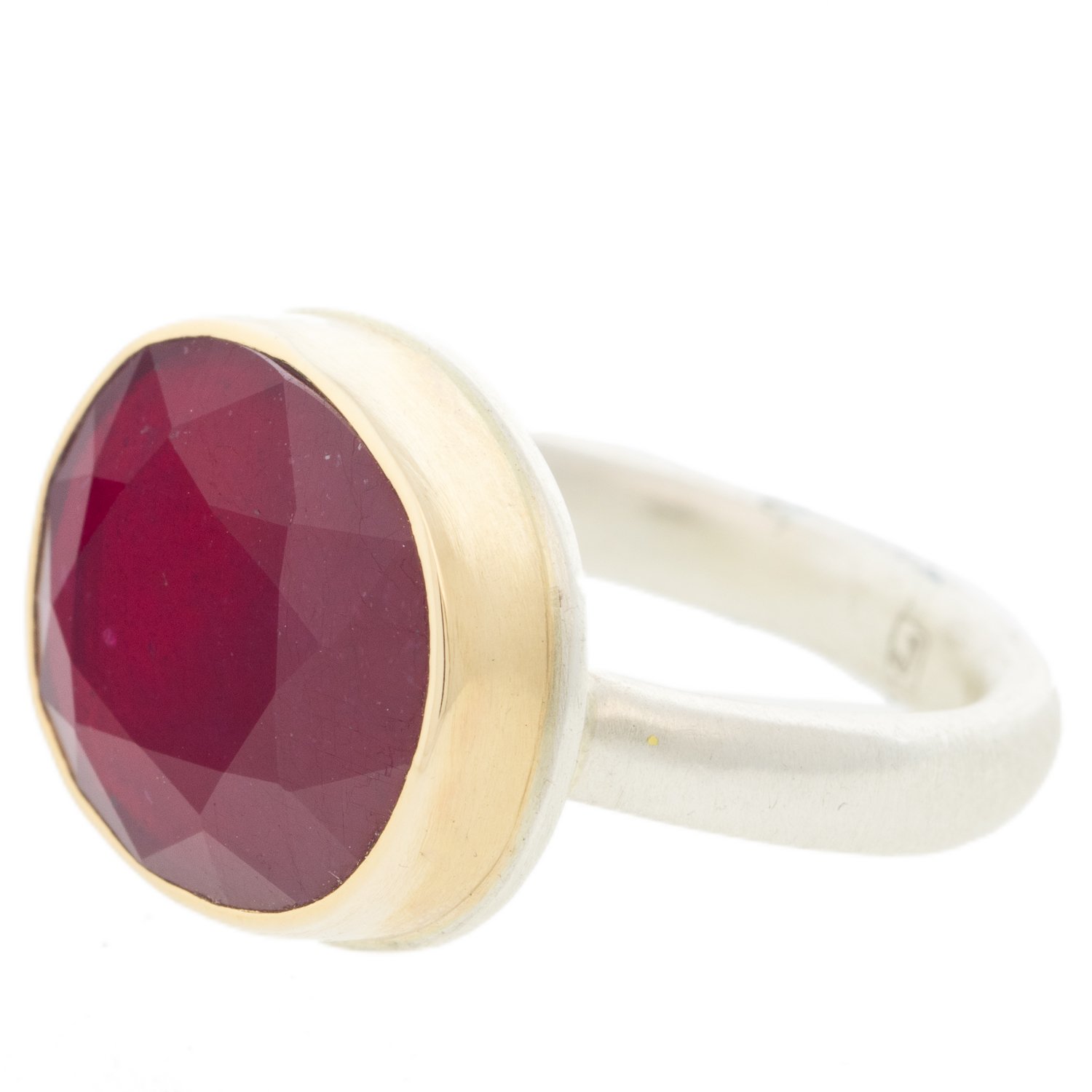 Jamie Joseph: SS & 14K Gold ring w/ oval table up african ruby on organic band