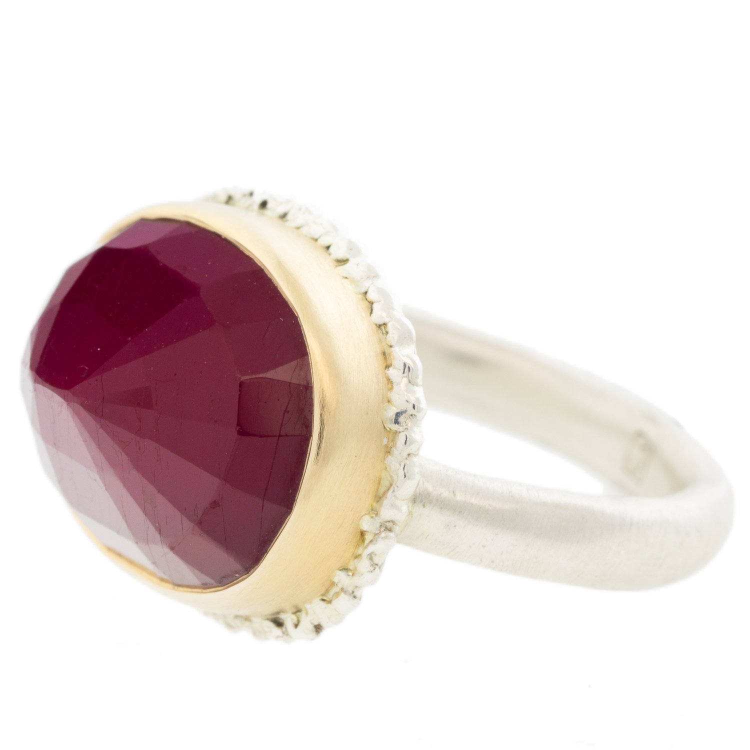 Jamie Joseph: SS & 14k Gold Ring w/oval inverted african ruby on lava platform and organic band,sz 7.5