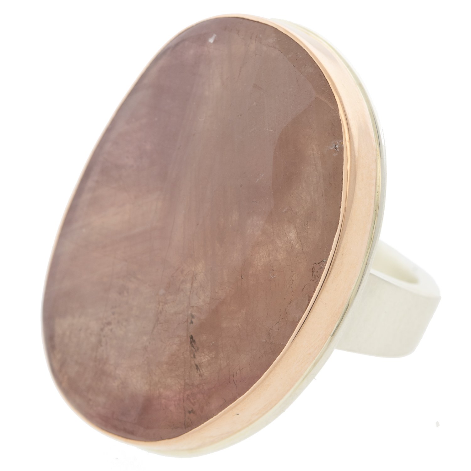 Jamie Joseph: SS& 14K rose gold ring w/large vertical asymmetrical faceted pink sapphire on tapered Y band Size 8