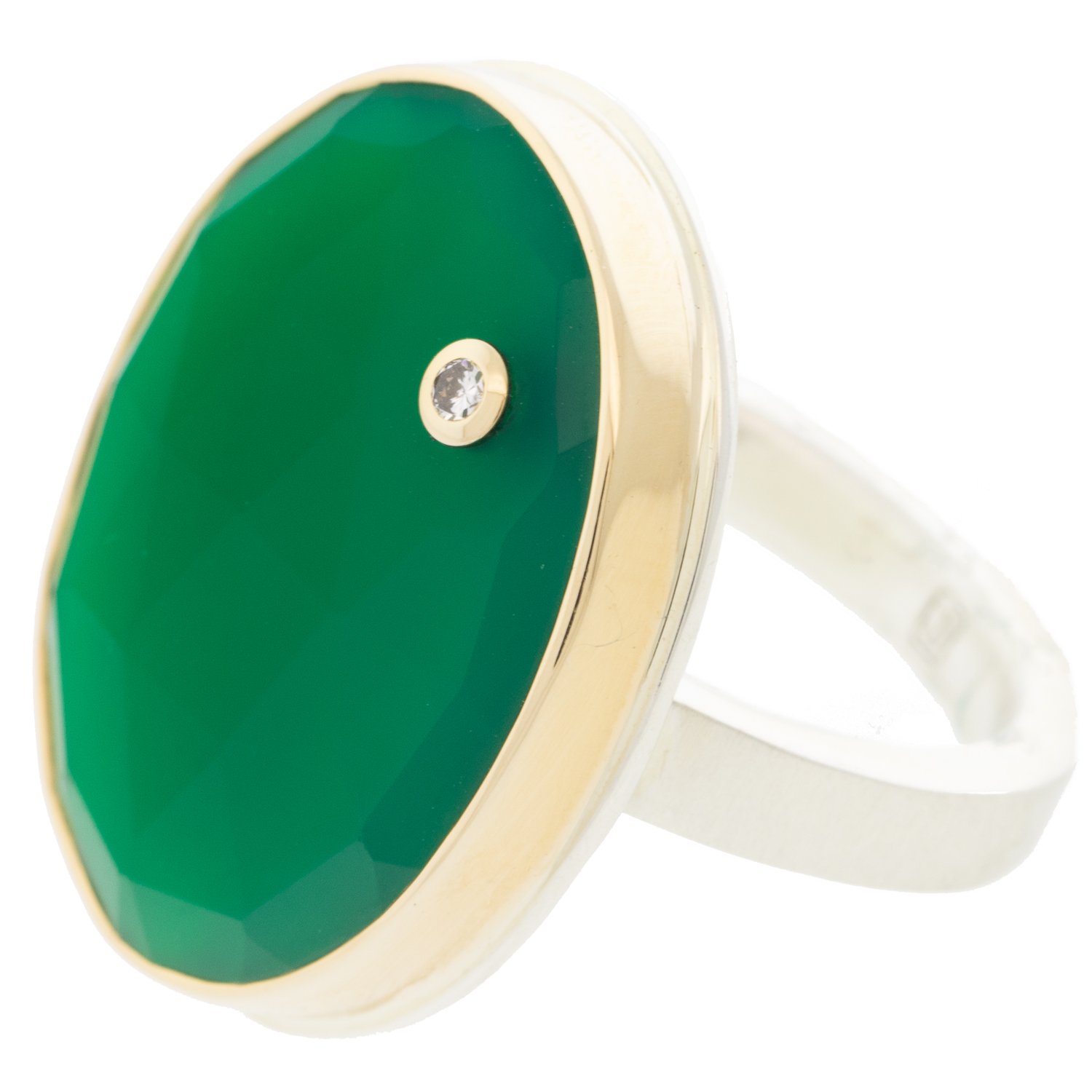 Jamie Joseph: SS & 14k Gold Ring w/ vertical oval rose cut green onyx & .03ct diamond on X band,sz 7.5