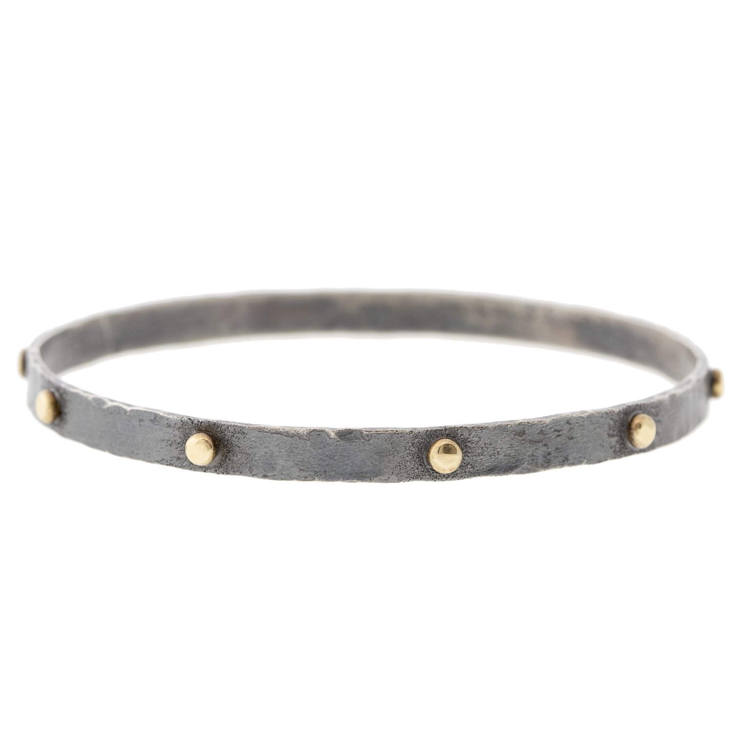 Alison Shiboski: Bracelet, Flat Bangle, Oxidzed Sterling Silver, 14K Gold Dots.