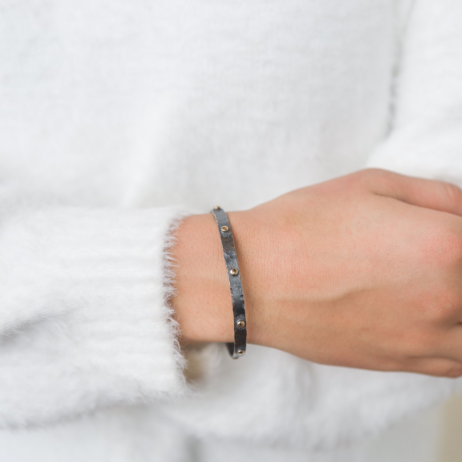Alison Shiboski: Bracelet, Flat Bangle, Oxidzed Sterling Silver, 14K Gold Dots.
