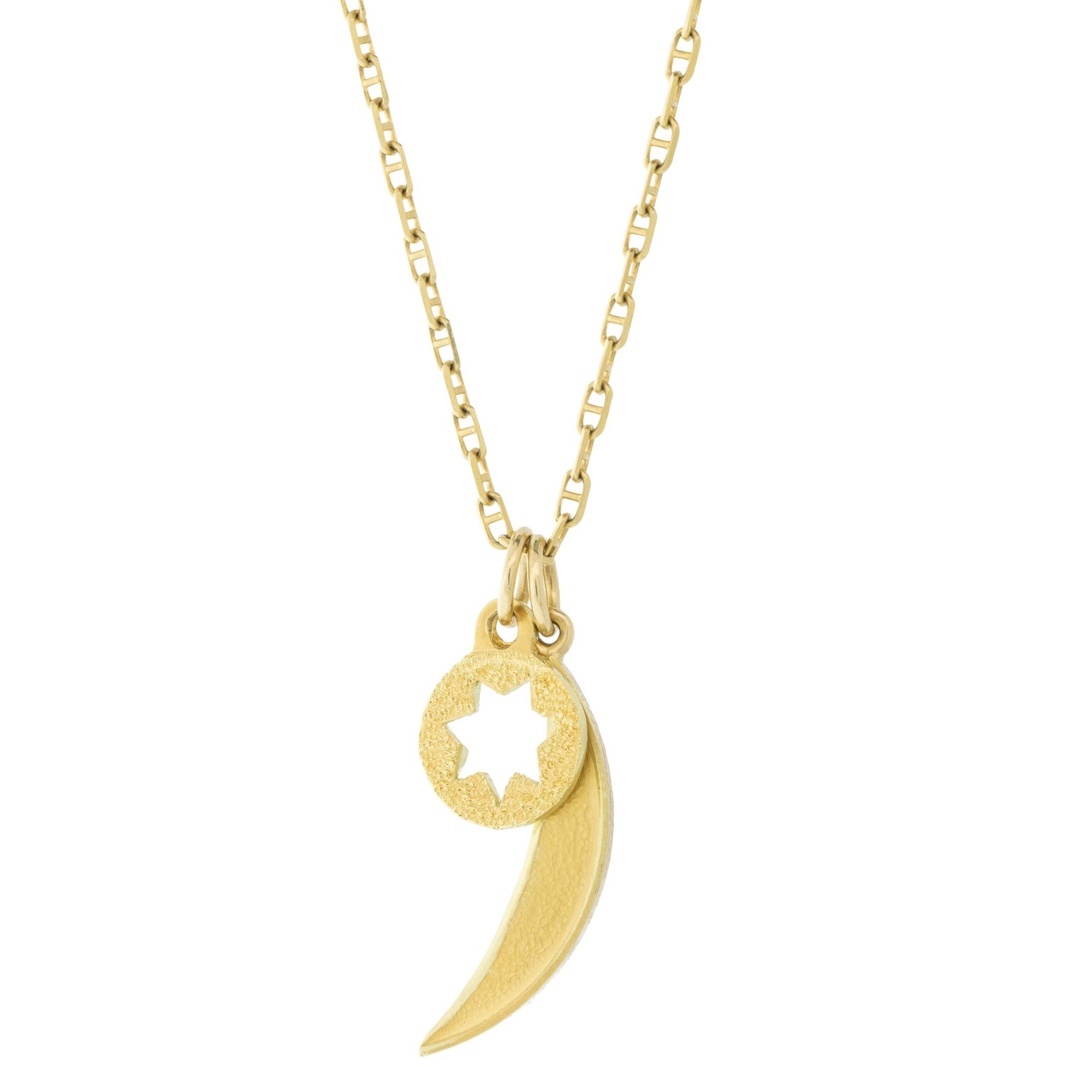 Alison Shiboski: Necklace, Mariner Chain, Moon and Sun Pendants, 18K Gold, 23" Chain.