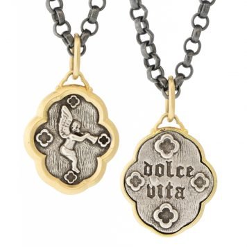 Erica Molinari:Charm, Ruffled Medalion with Trumpeting Angel, Small Size, "The Sweet Life", Sterling Silver, 18K Gold.