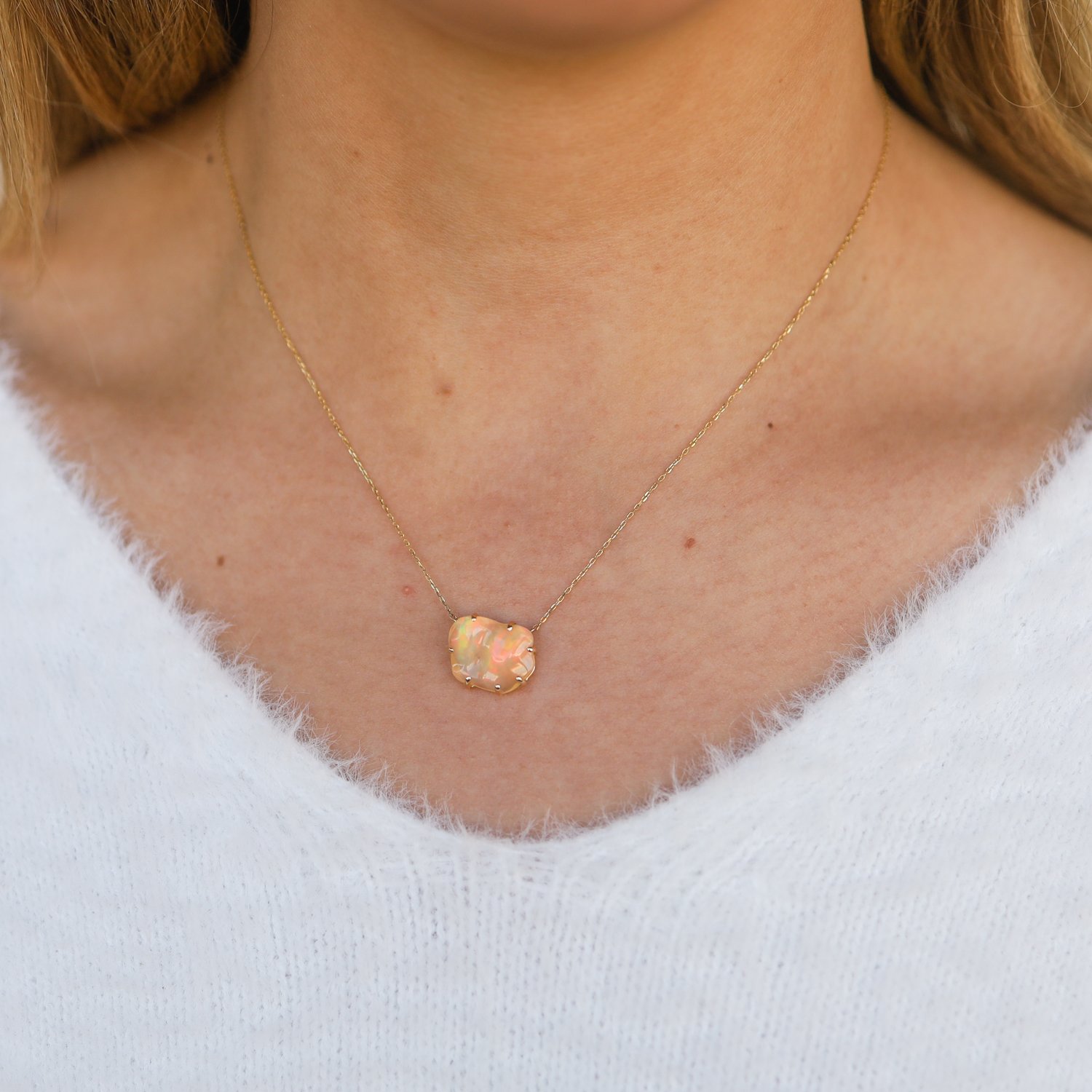 Jamie Joseph: 14K Gold Necklace w/ Asymmetrical MEXICAN FIRE OPAL in Multi Prongs (18")